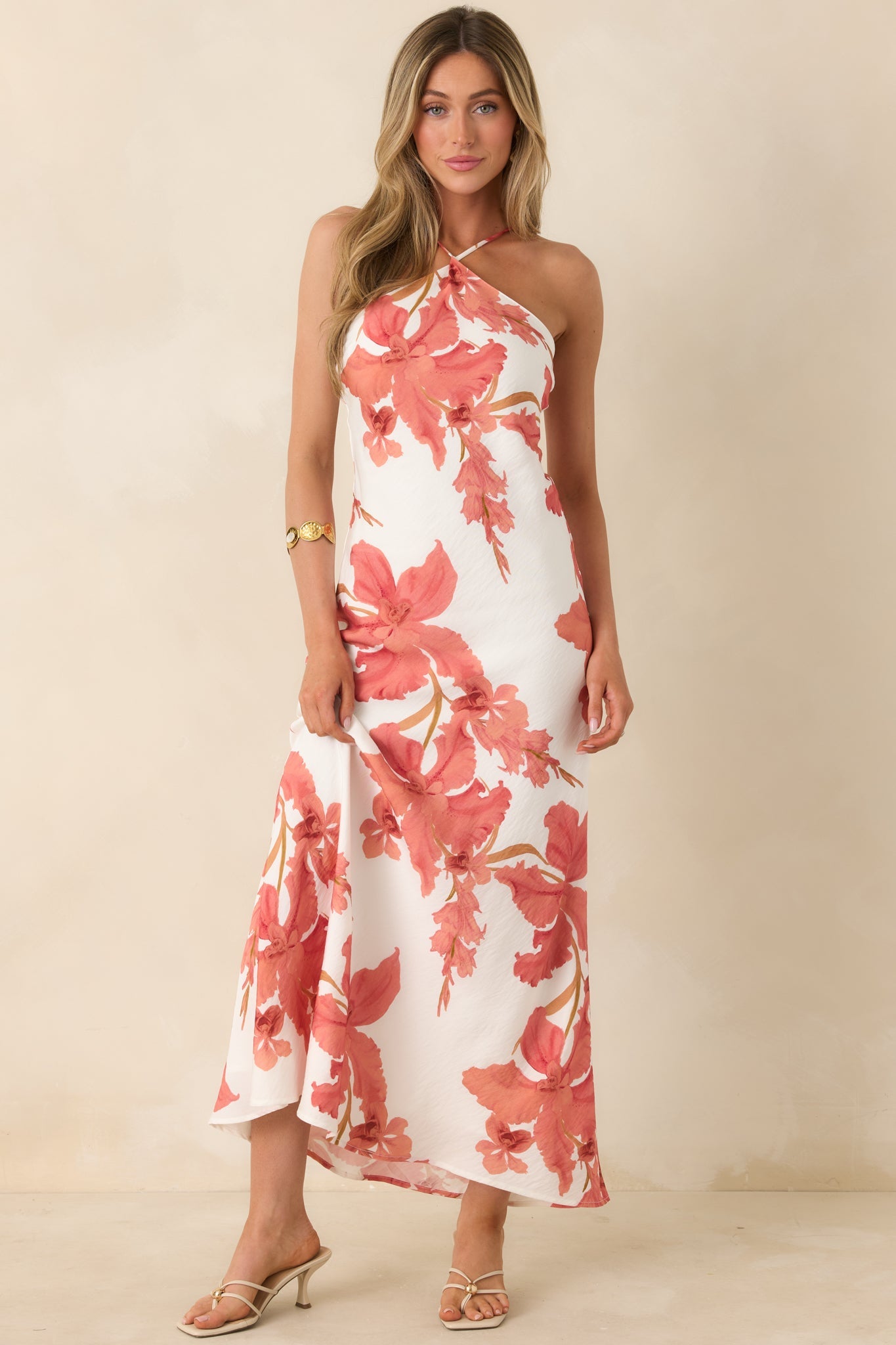 MINKPINK Isla Peach Hibiscus Halter Maxi Dress
