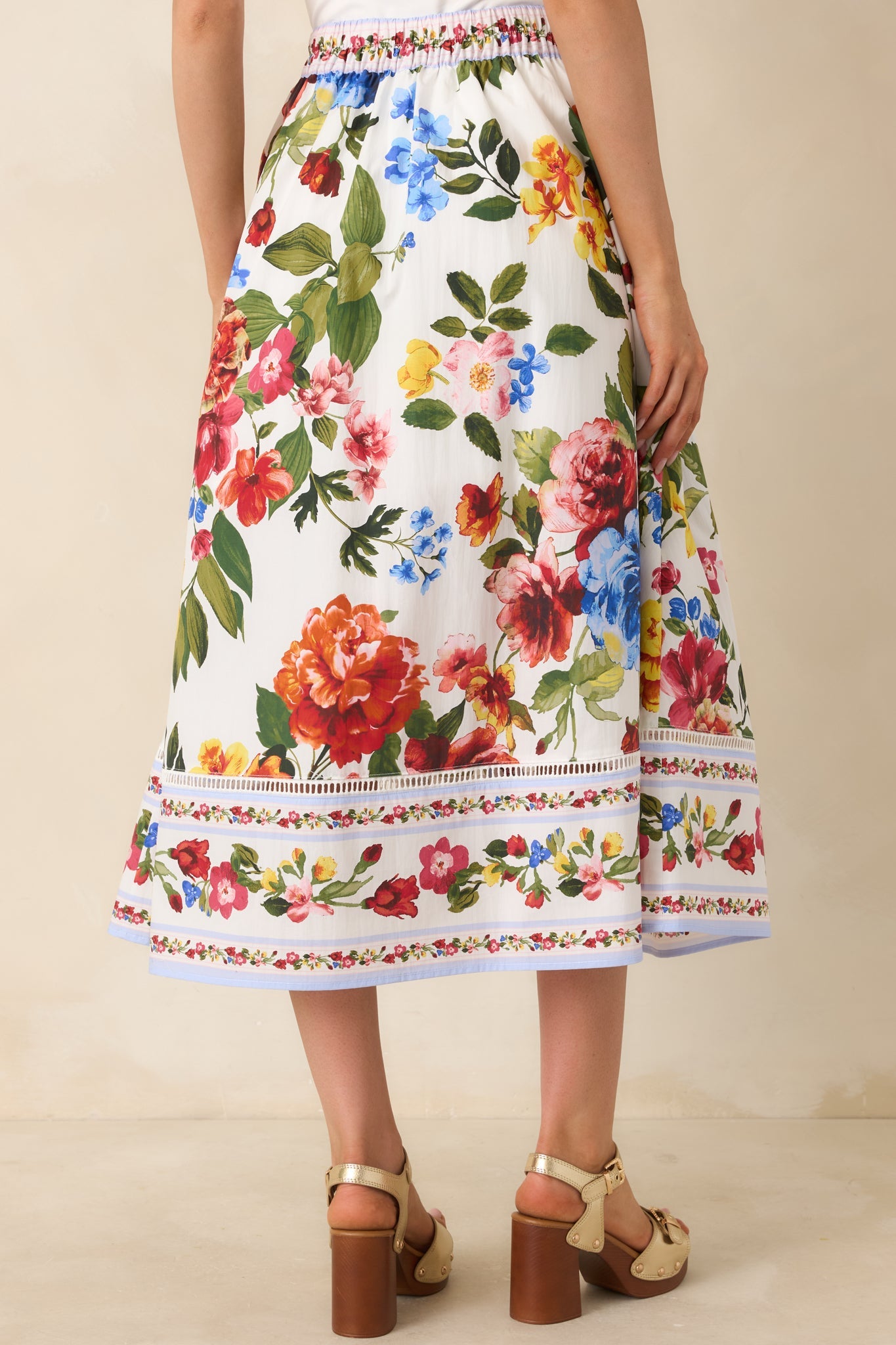 Painted Garden Ivory Multi Floral Cotton Midi Skirt