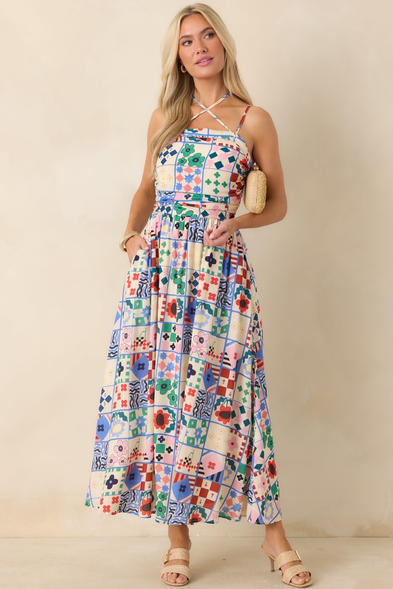FRNCH Hippuris Multi Patchwork Print Sleeveless Maxi Dress