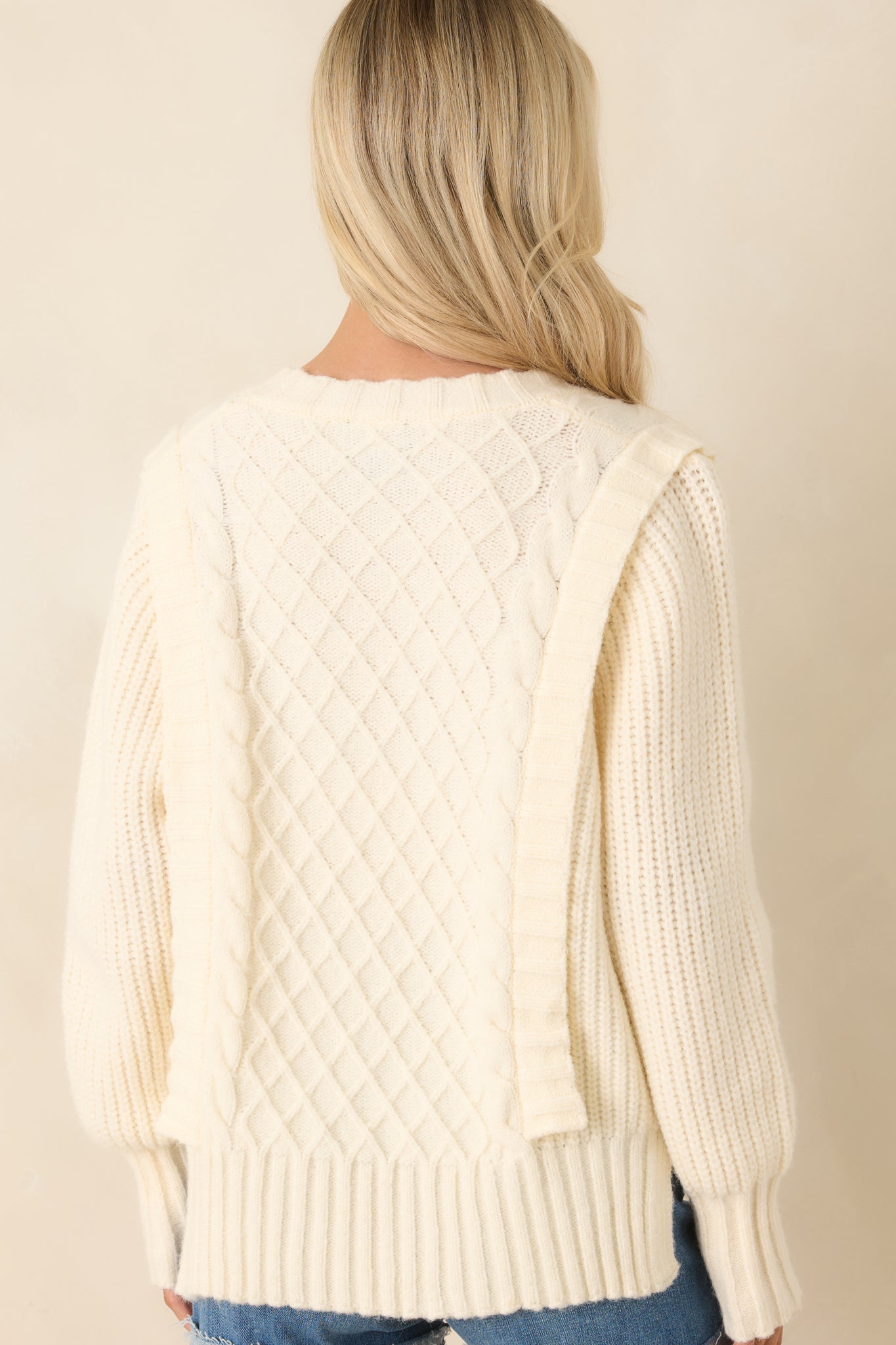 Softly Structured Ivory Knit Textured Panel V-Neck Sweater