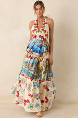 Market to Marina Ivory Multi Coastal Print Cotton Halter Maxi Dress