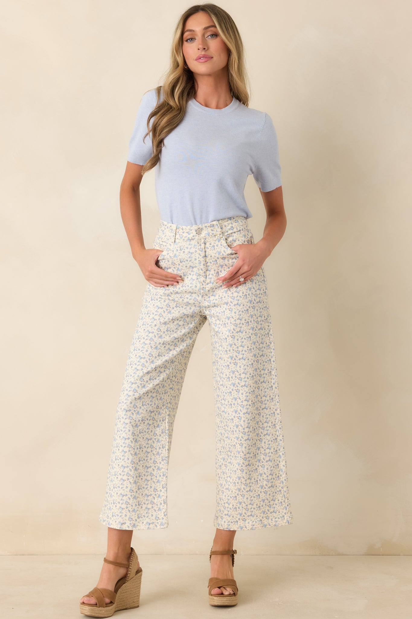 Easy Moments Light Blue Floral Cotton Wide Leg Jeans