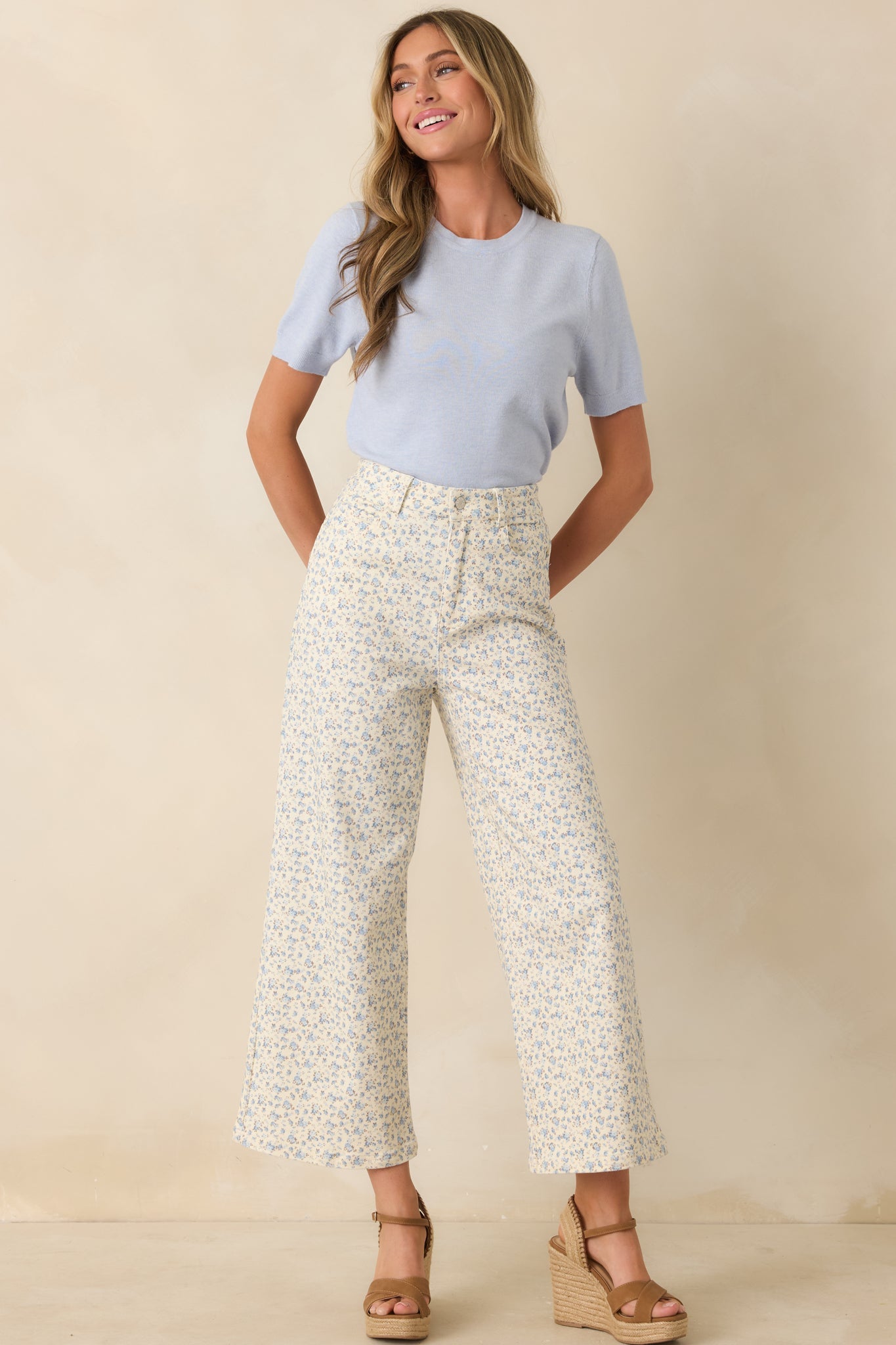 Easy Moments Light Blue Floral Cotton Wide Leg Jeans