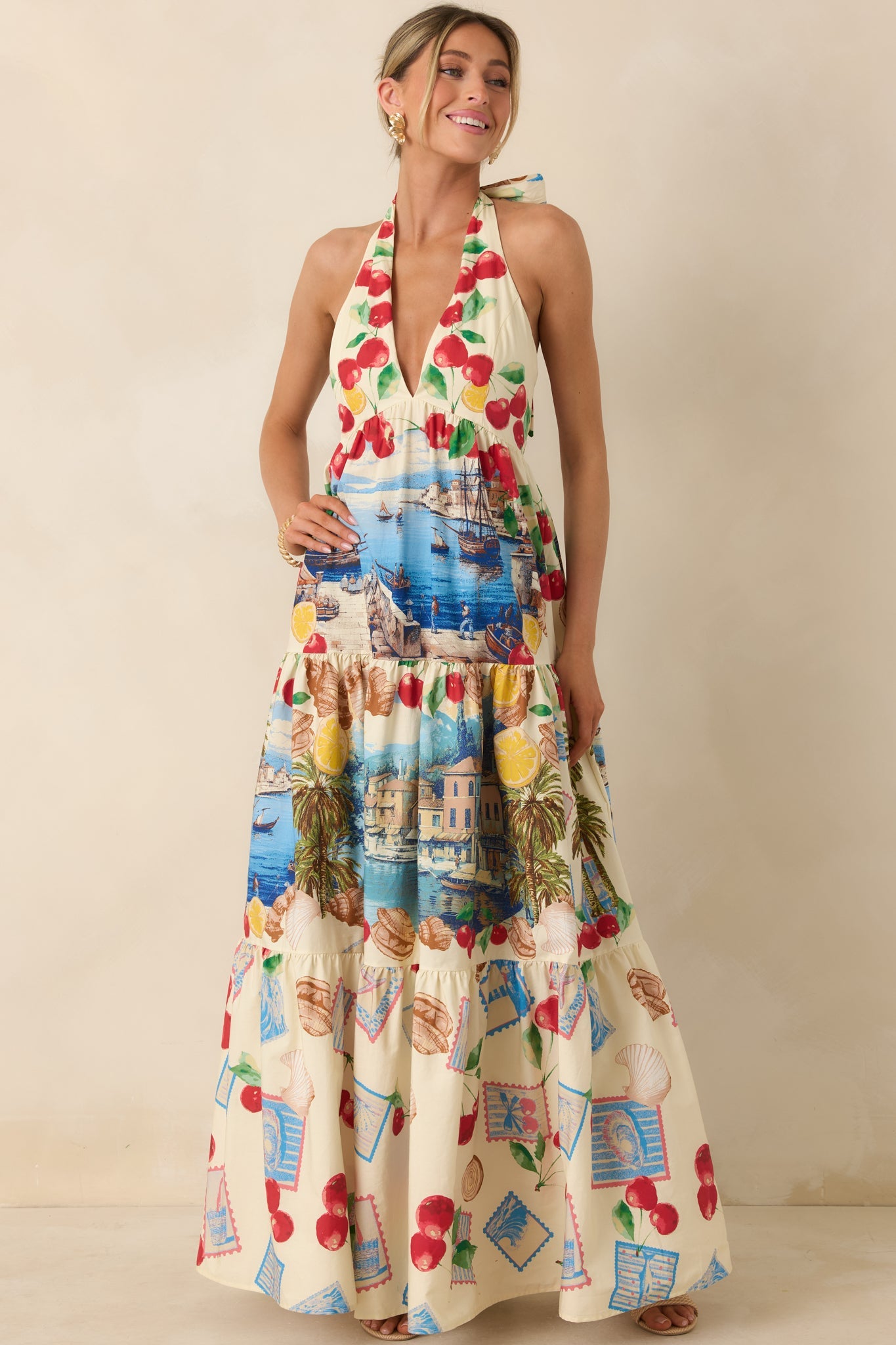 Market to Marina Ivory Multi Coastal Print Cotton Halter Maxi Dress