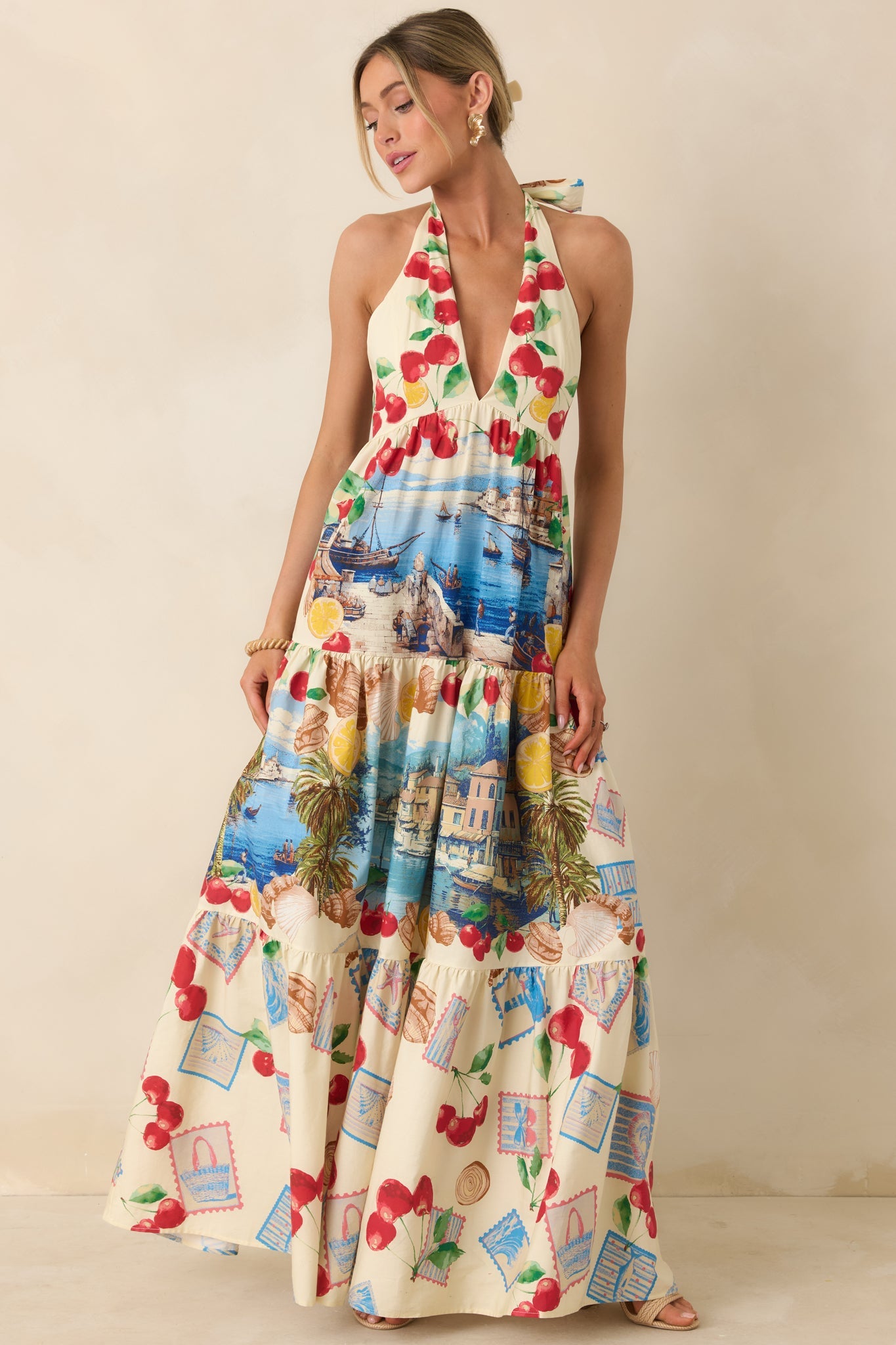 Market to Marina Ivory Multi Coastal Print Cotton Halter Maxi Dress
