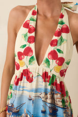 Market to Marina Ivory Multi Coastal Print Cotton Halter Maxi Dress