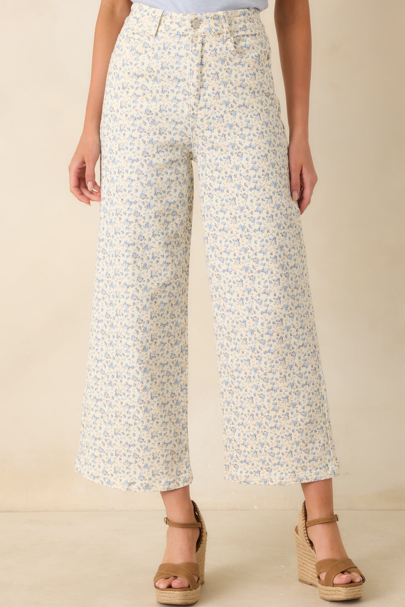 Easy Moments Light Blue Floral Cotton Wide Leg Jeans