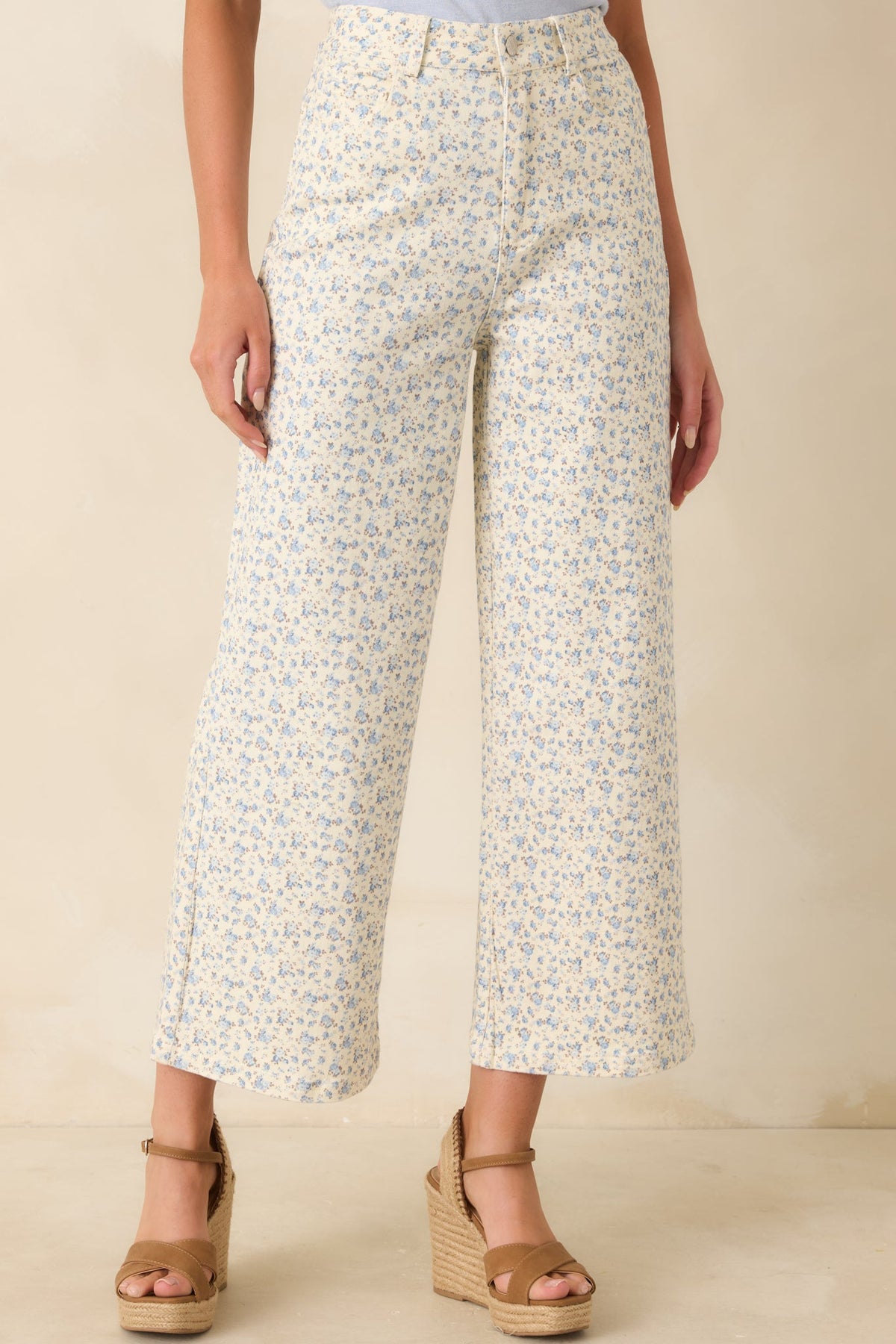 Easy Moments Light Blue Floral Cotton Wide Leg Jeans