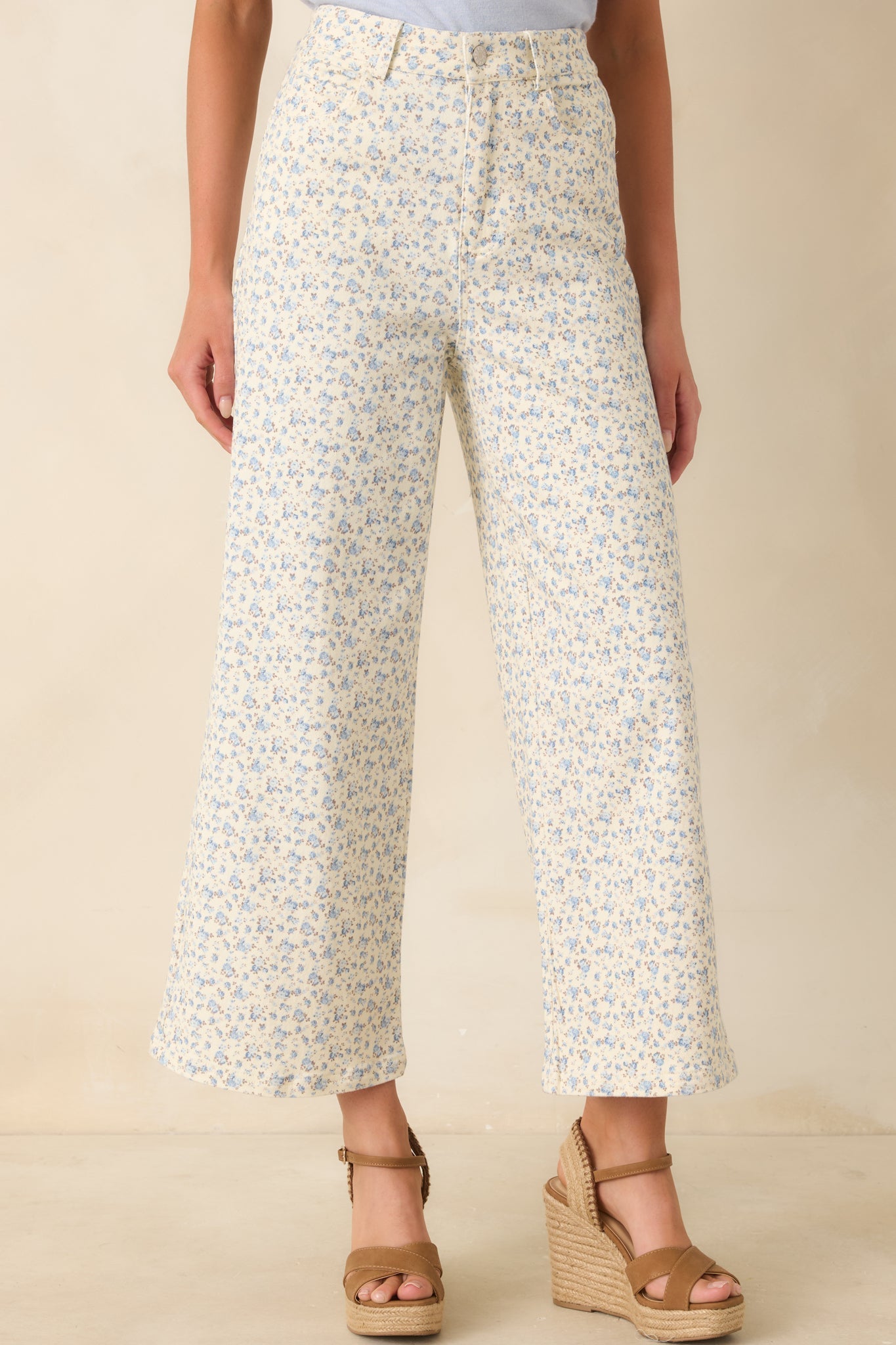 Easy Moments Light Blue Floral Cotton Wide Leg Jeans