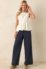 It Just Works Ivory Knit Sleeveless Peplum Top