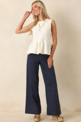 It Just Works Ivory Knit Sleeveless Peplum Top