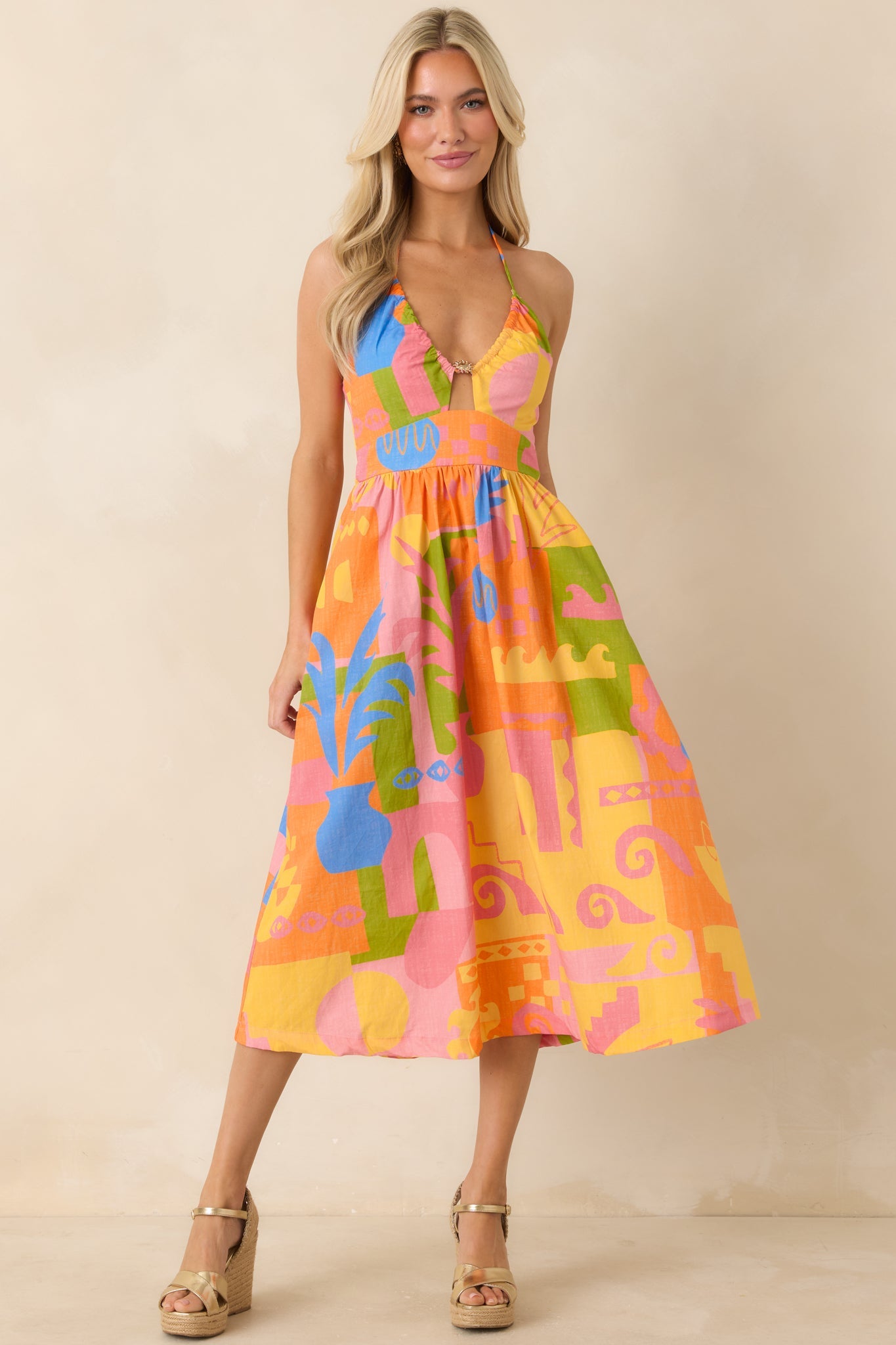 Paradisa Maldives Orange Multi Cotton Abstract Print Midi Dress