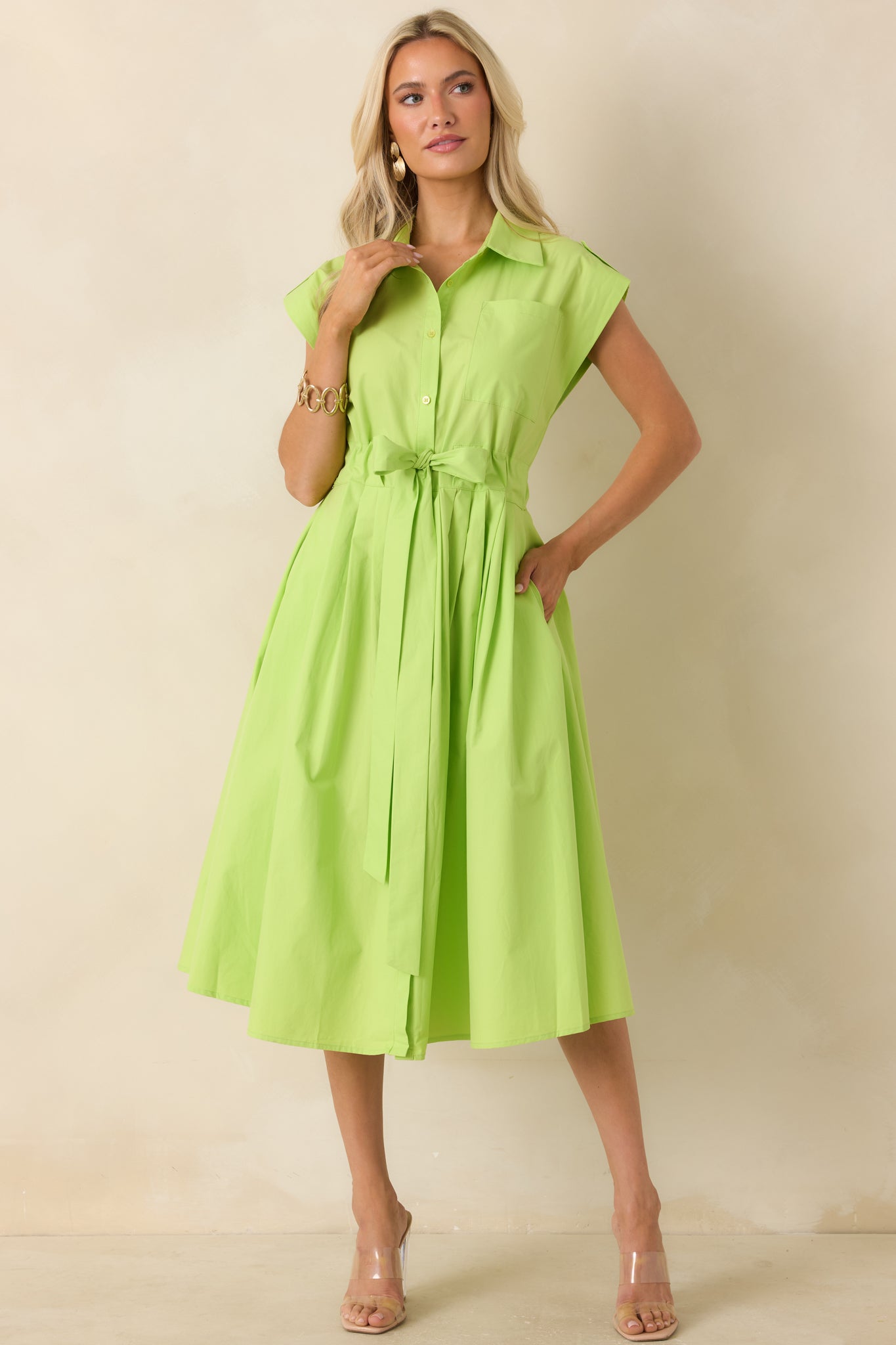 Prosperina Lana Lime Green Cotton Button-Front Midi Dress