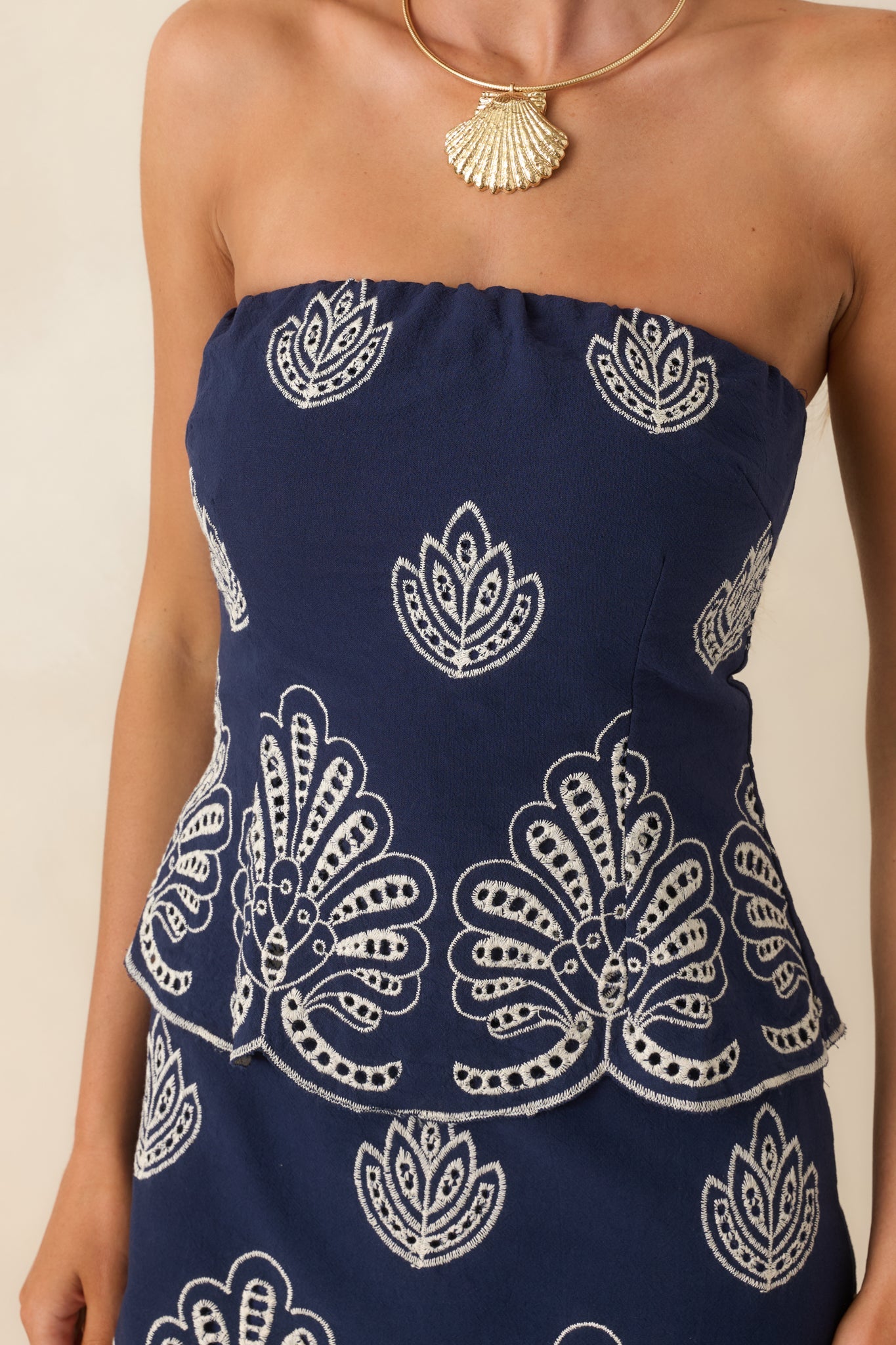 Infinite Daydreams Navy Embroidered Cotton Strapless Mini Dress