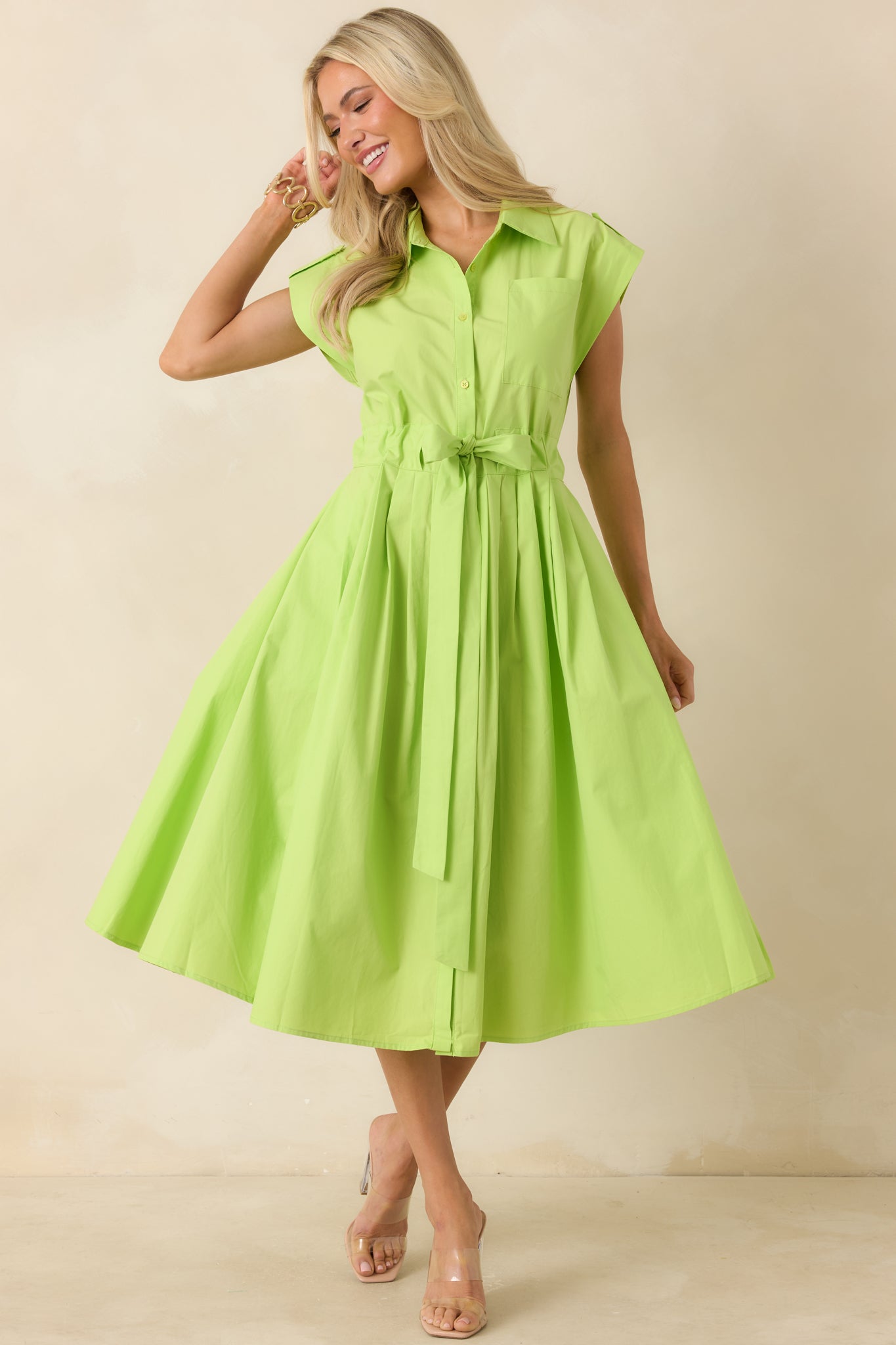 Prosperina Lana Lime Green Cotton Button-Front Midi Dress