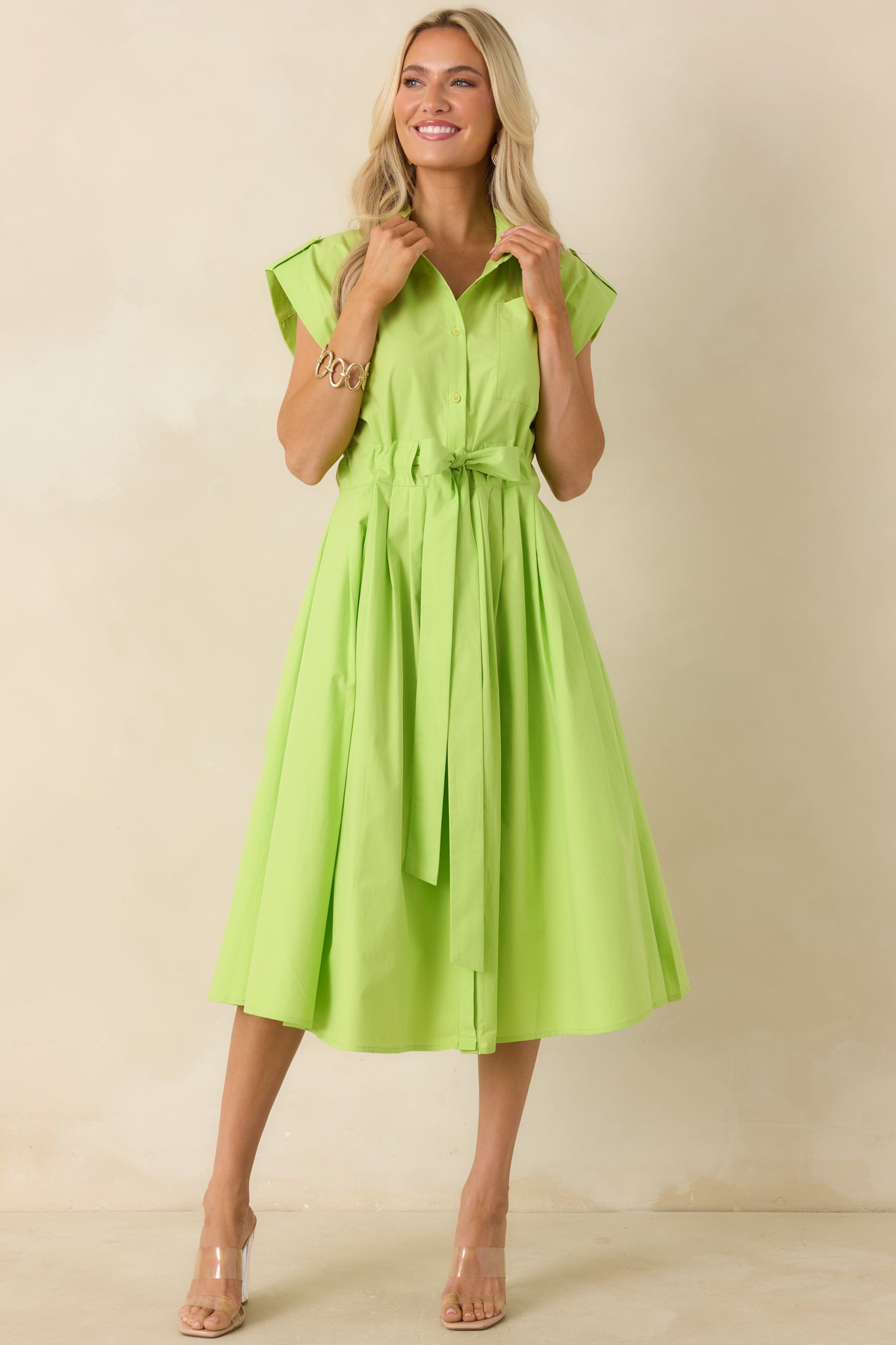 Prosperina Lana Lime Green Cotton Button-Front Midi Dress