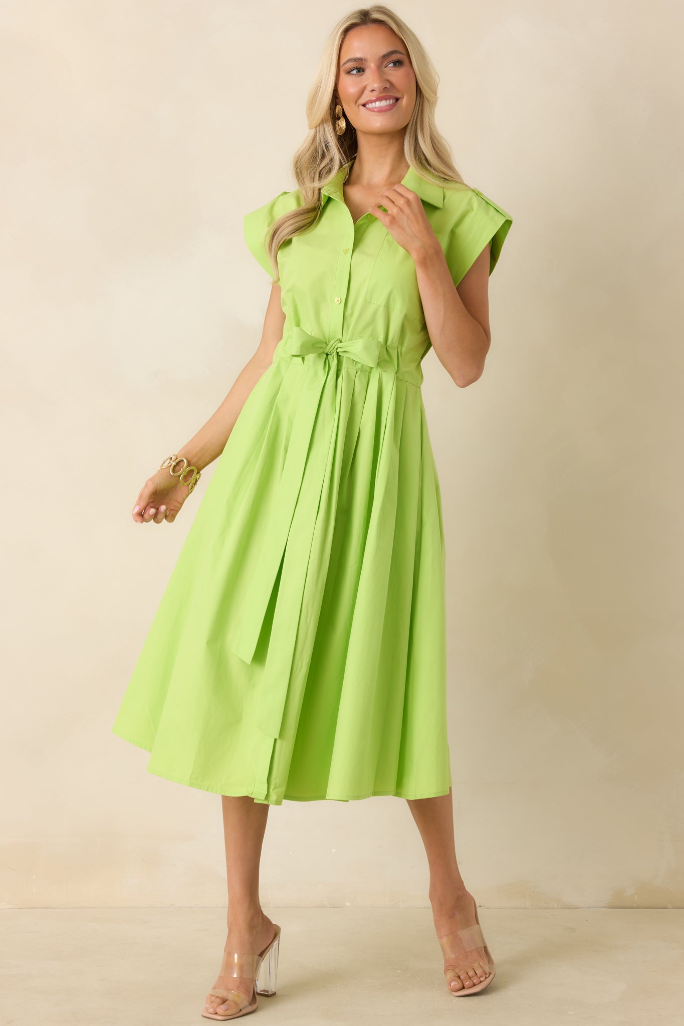Prosperina Lana Lime Green Cotton Button-Front Midi Dress