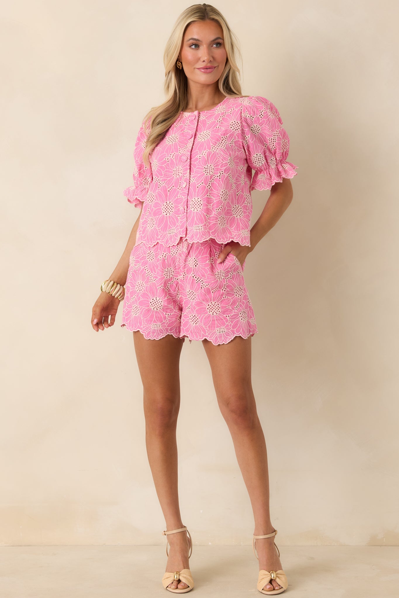 Look At You Pink Cotton Floral Embroidered Button Front Top