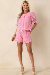 Look At You Pink Cotton Floral Embroidered Button Front Top