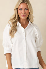 Not Your Basic White Cotton Puff Sleeve Button-Up Top