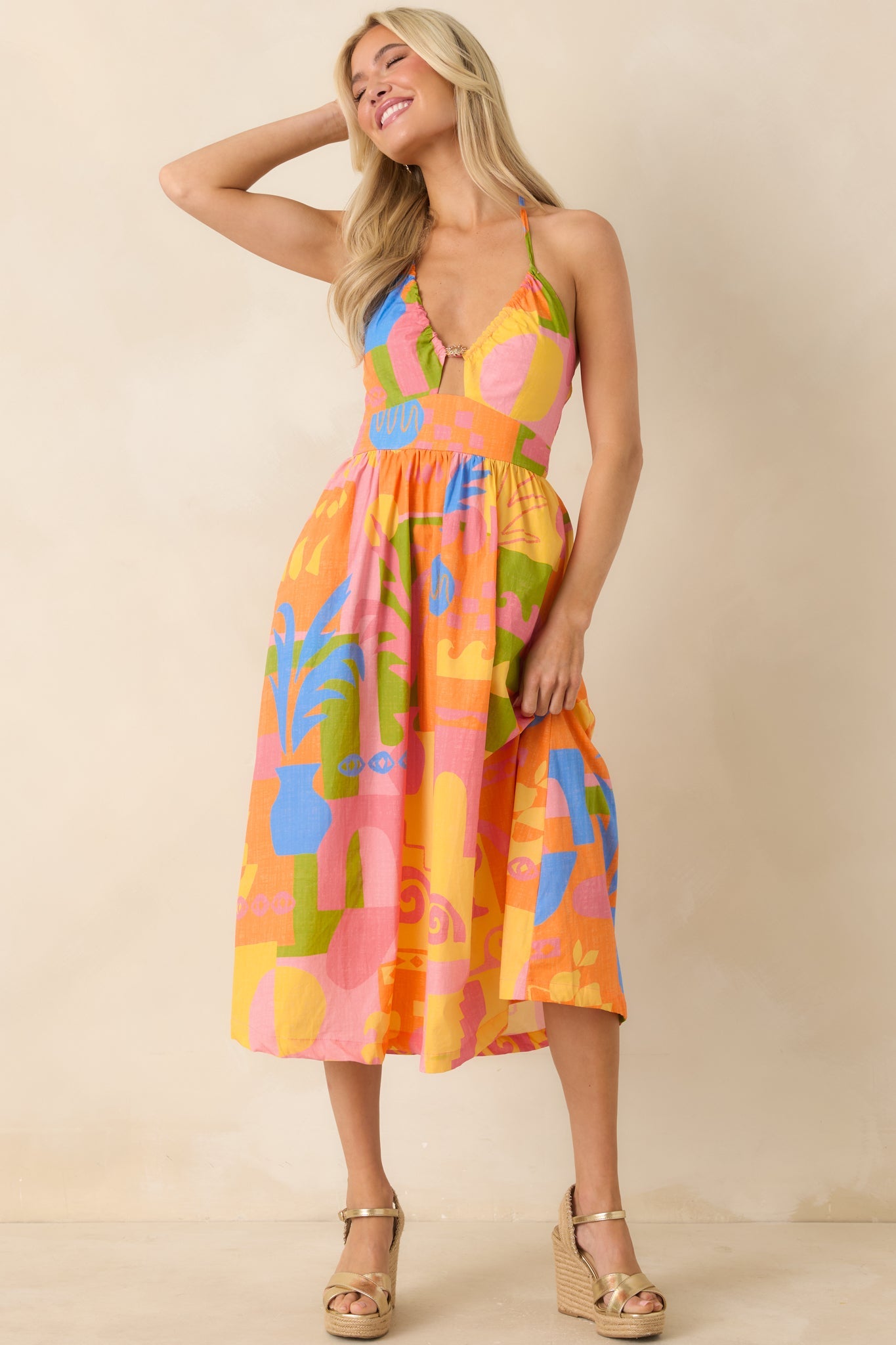 Paradisa Maldives Orange Multi Cotton Abstract Print Midi Dress