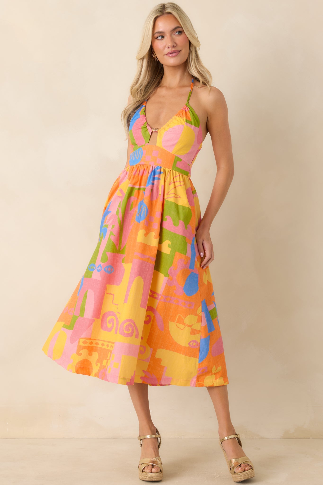 Paradisa Maldives Orange Multi Cotton Abstract Print Midi Dress