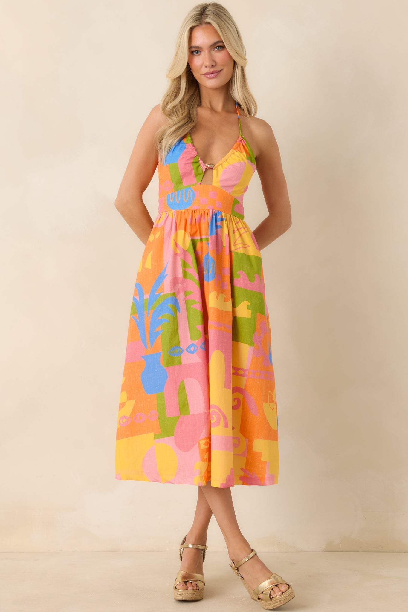 Paradisa Maldives Orange Multi Cotton Abstract Print Midi Dress