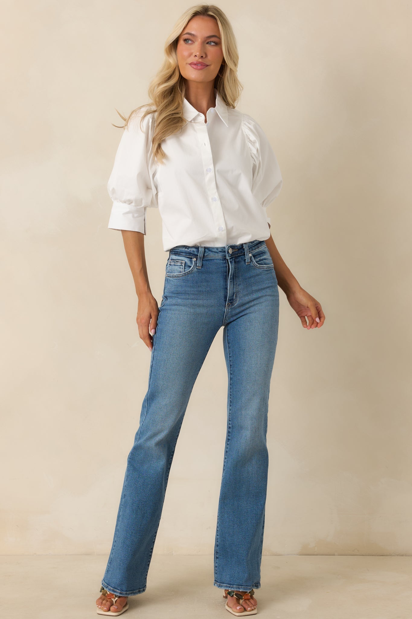 Not Your Basic White Cotton Puff Sleeve Button-Up Top