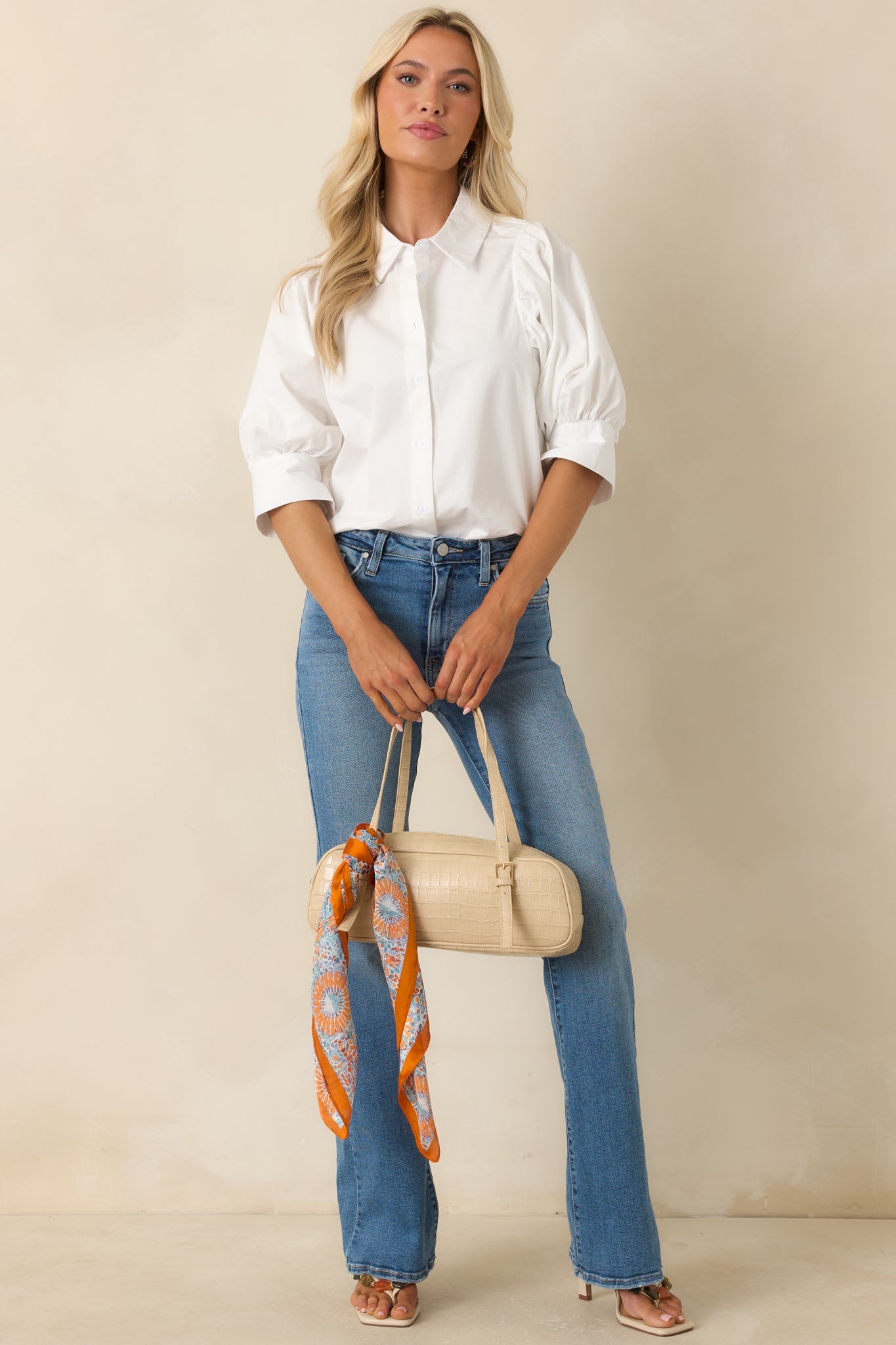 Not Your Basic White Cotton Puff Sleeve Button-Up Top