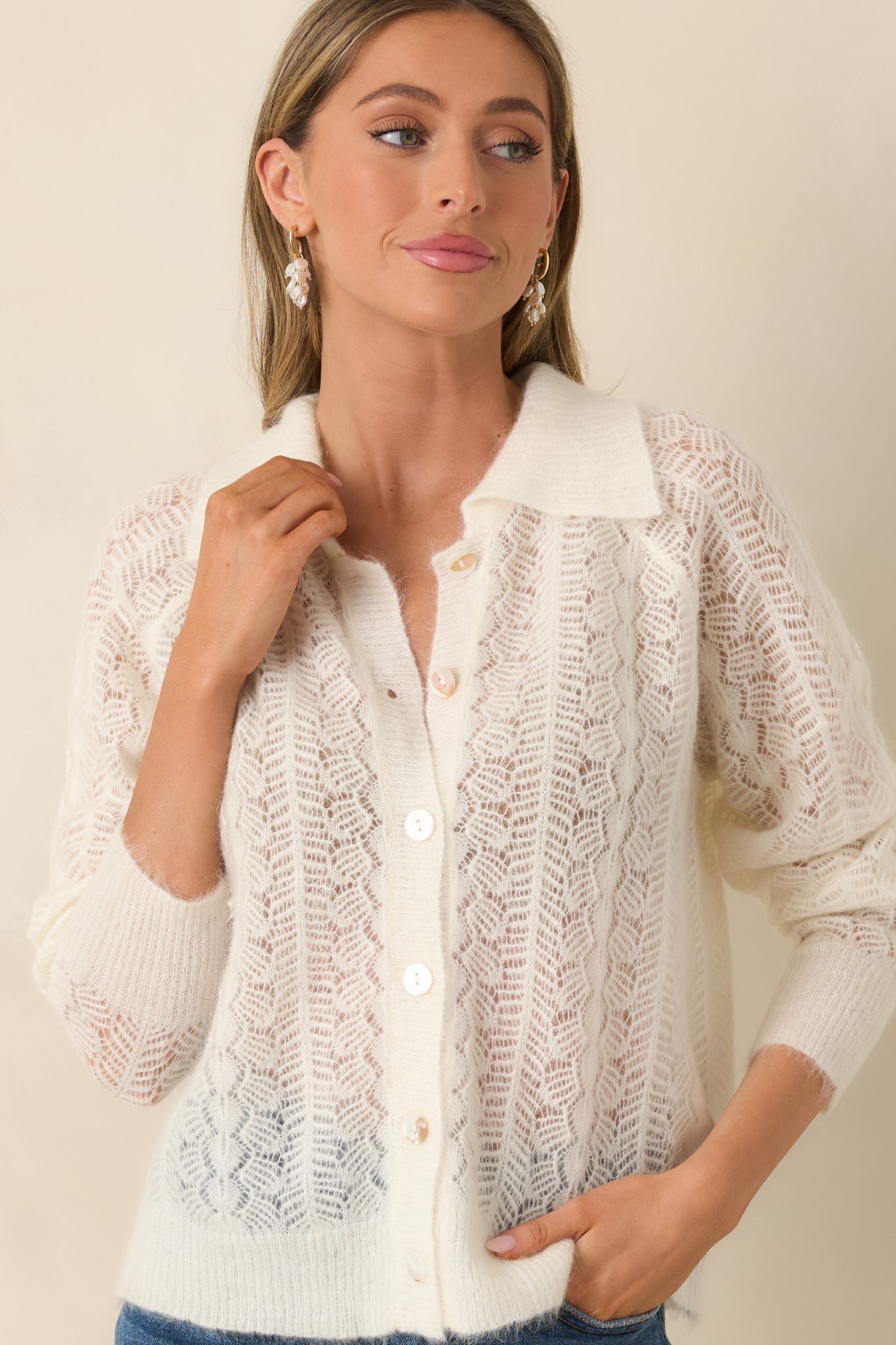 FRNCH Kristin Ivory Openwork Knit Cardigan
