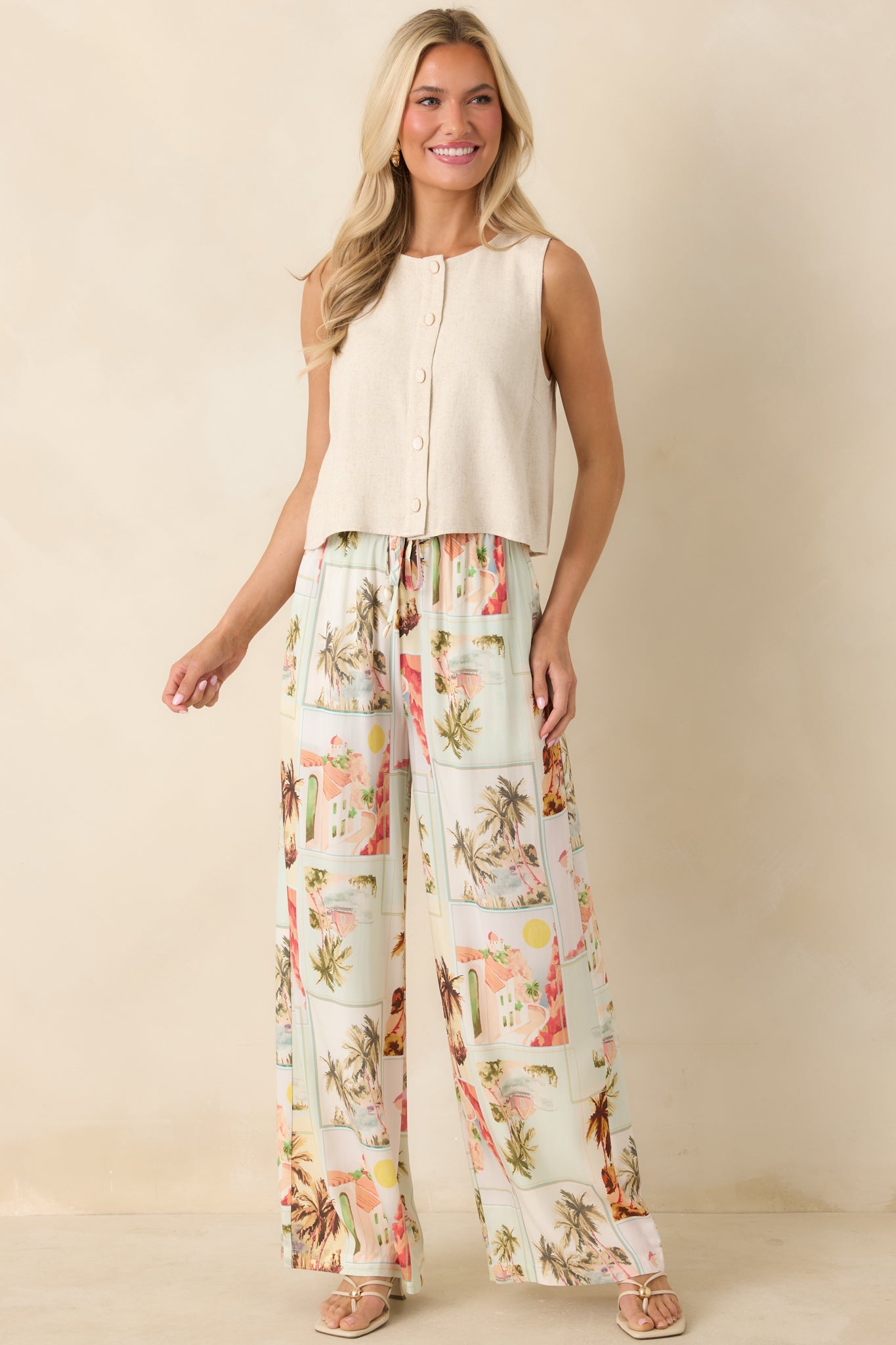 MINKPINK Dolce Multi Vintage Postcard Print Drawstring Pants
