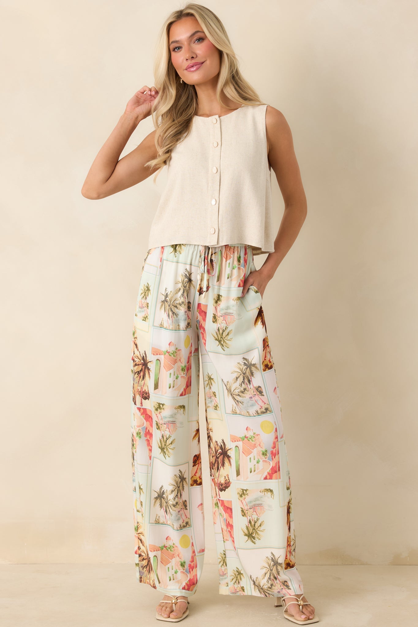 The Right Balance Natural Linen-Blend Sleeveless Button Up Top