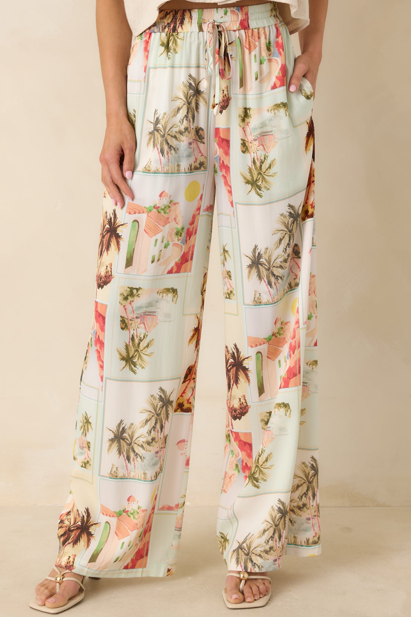 MINKPINK Dolce Multi Vintage Postcard Print Drawstring Pants