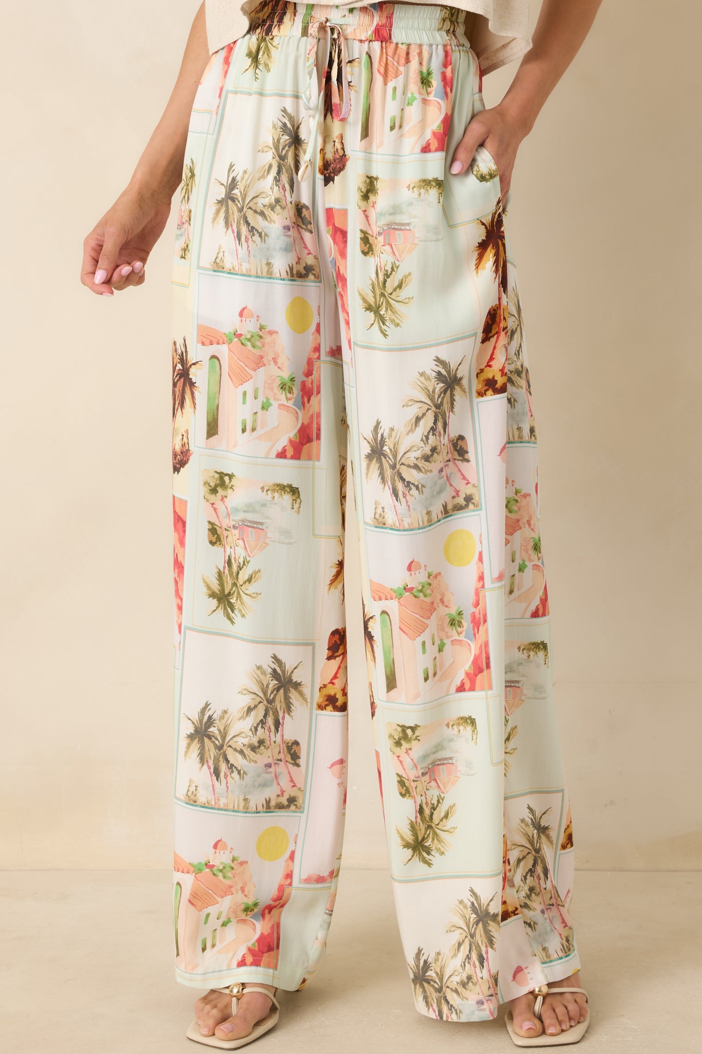 MINKPINK Dolce Multi Vintage Postcard Print Drawstring Pants