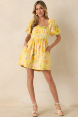 Prosperina Eloise Butter Yellow Multi Floral Cotton Mini Dress