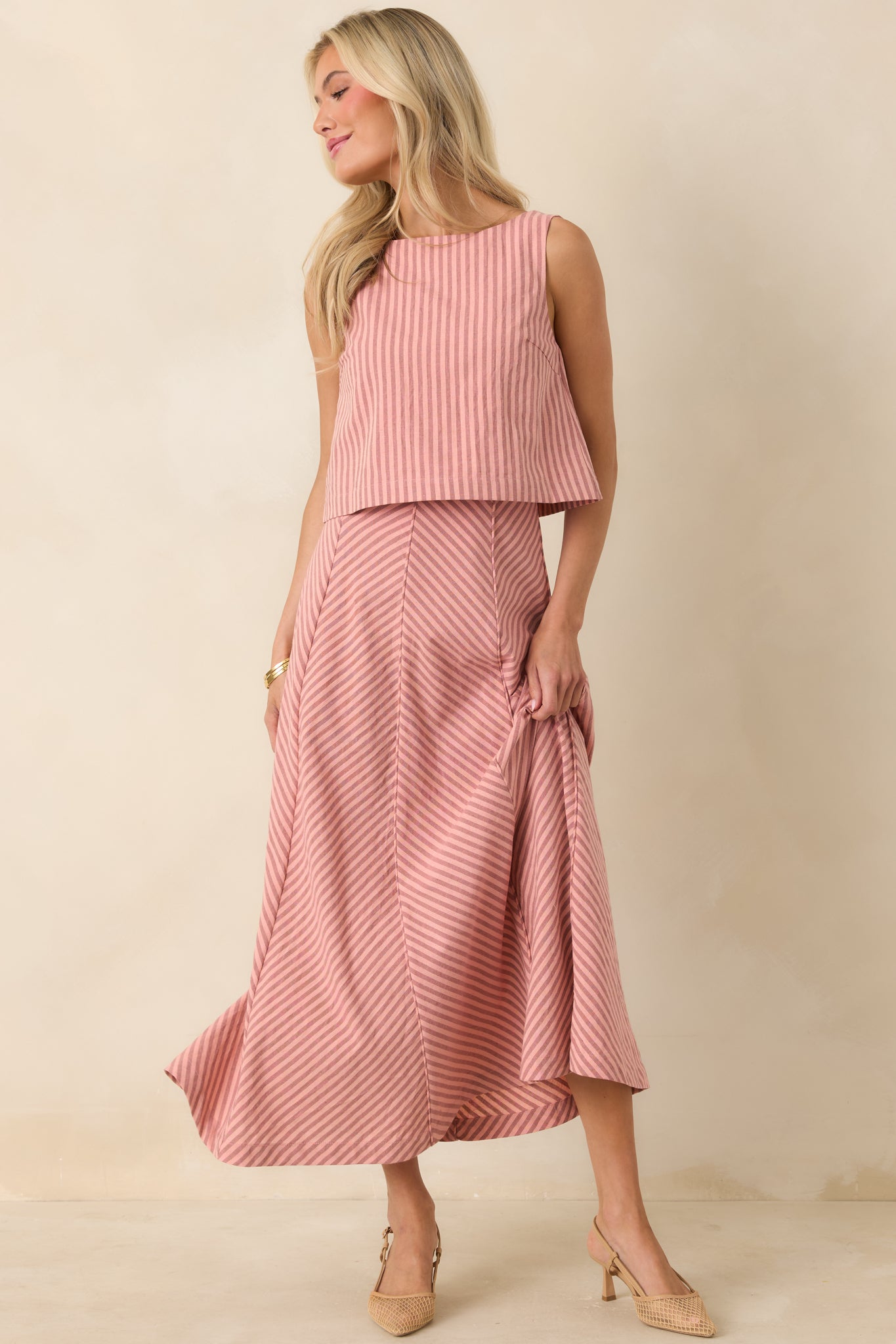 MINKPINK Paloma Coral Pink Stripe Midi Skirt
