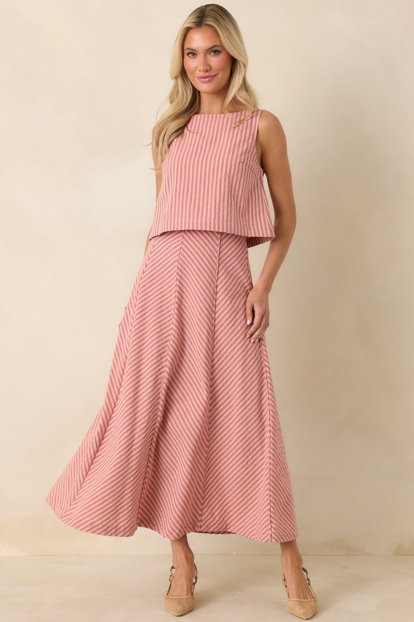 MINKPINK Paloma Coral Pink Stripe Midi Skirt