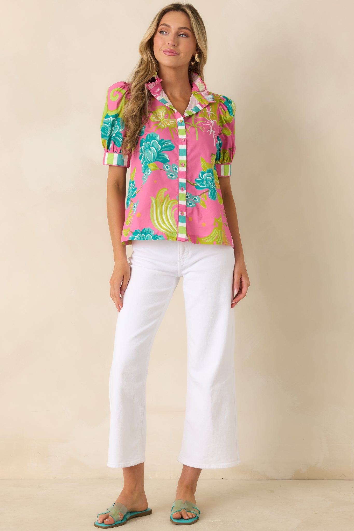 Prosperina Collier Pink Multi Chinoiserie Cotton Button-Front Top