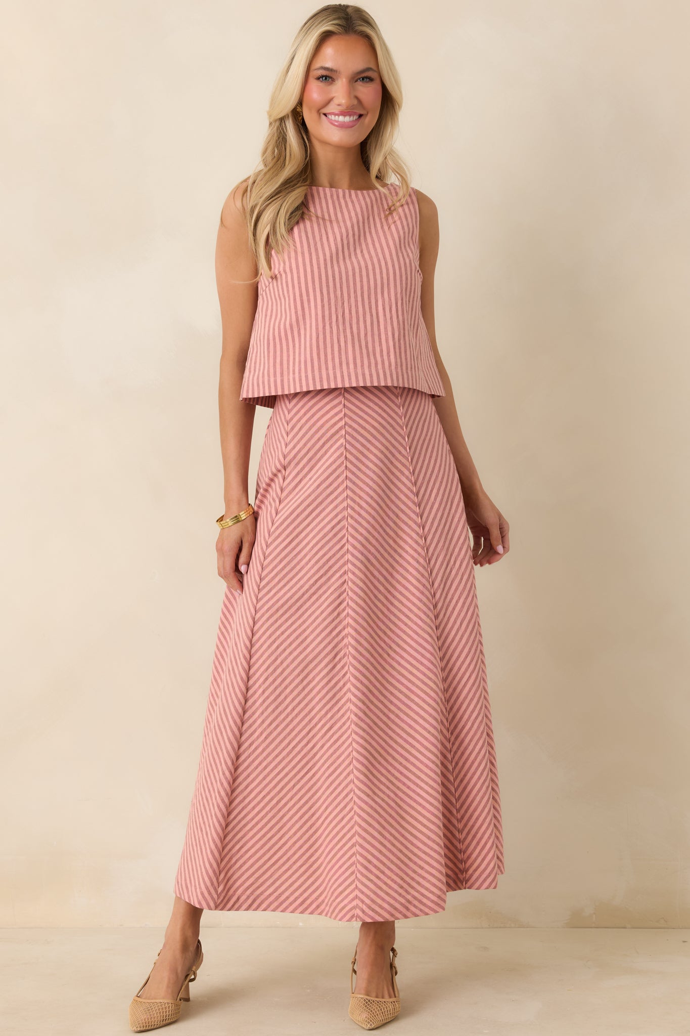 MINKPINK Paloma Coral Pink Stripe Cotton Linen Low-Back Top