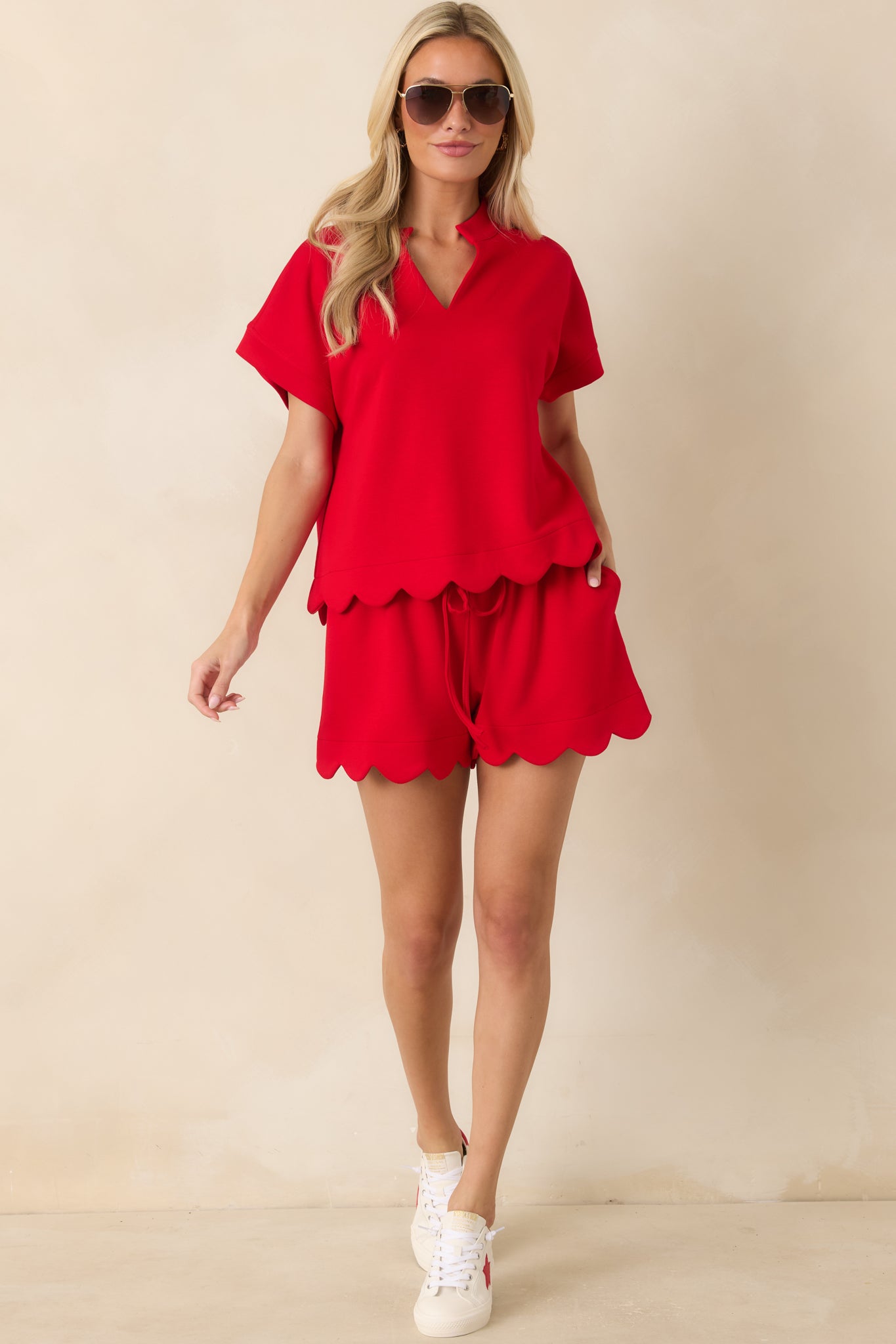 First Class Flirt Red Scalloped Hem Shorts