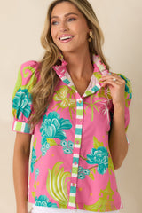 Prosperina Collier Pink Multi Chinoiserie Cotton Button-Front Top