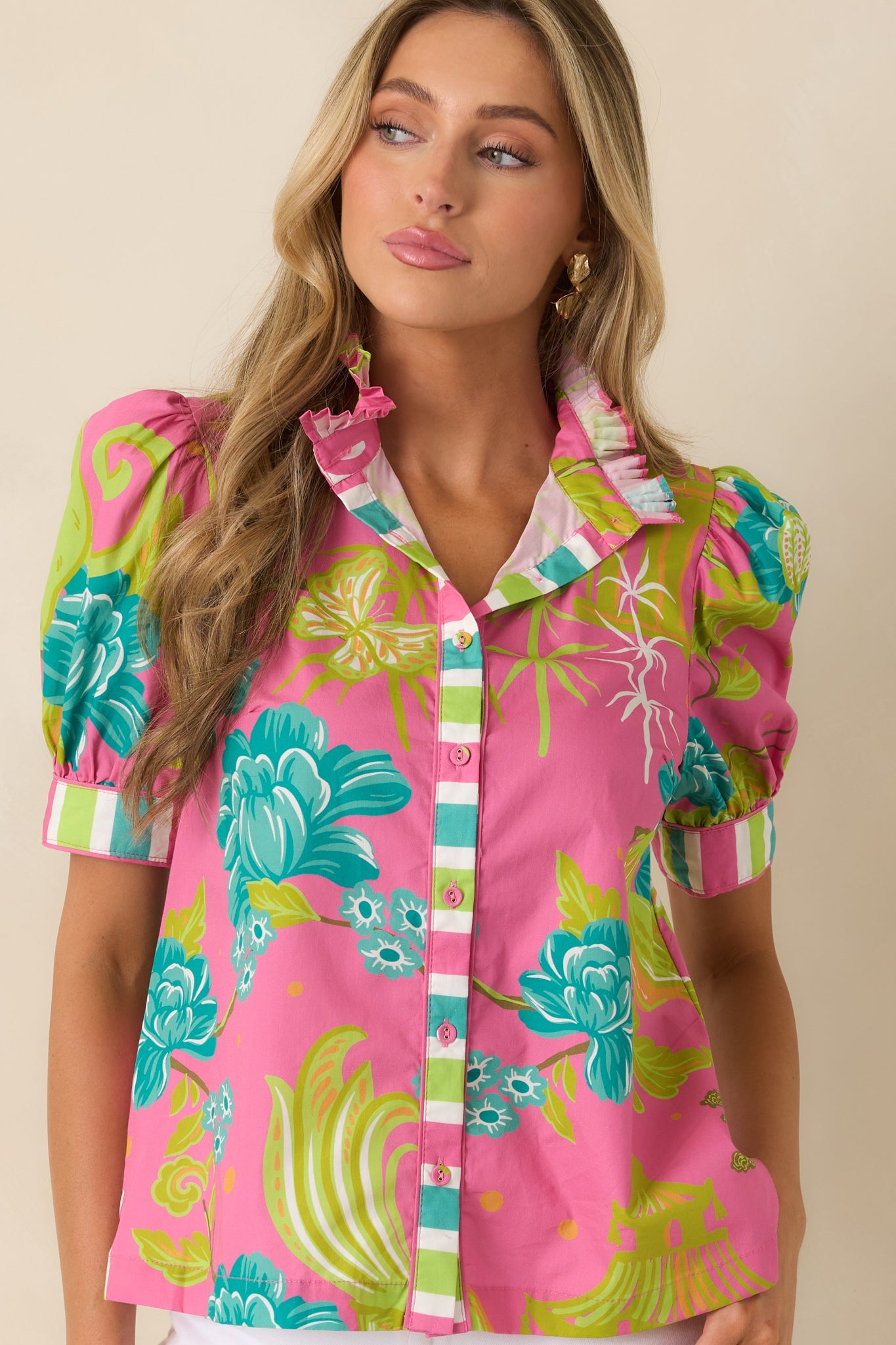 Prosperina Collier Pink Multi Chinoiserie Cotton Button-Front Top