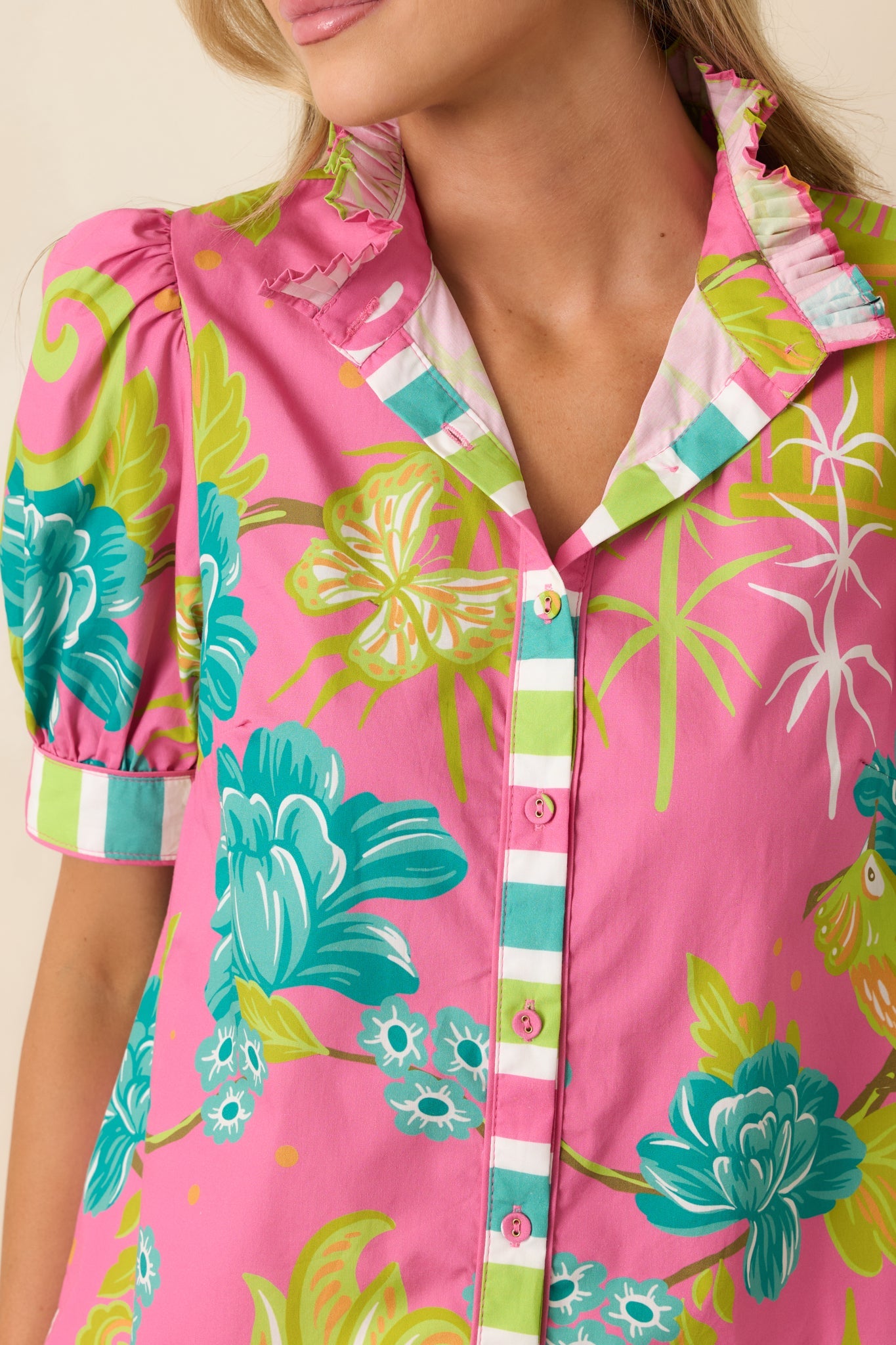 Prosperina Collier Pink Multi Chinoiserie Cotton Button-Front Top