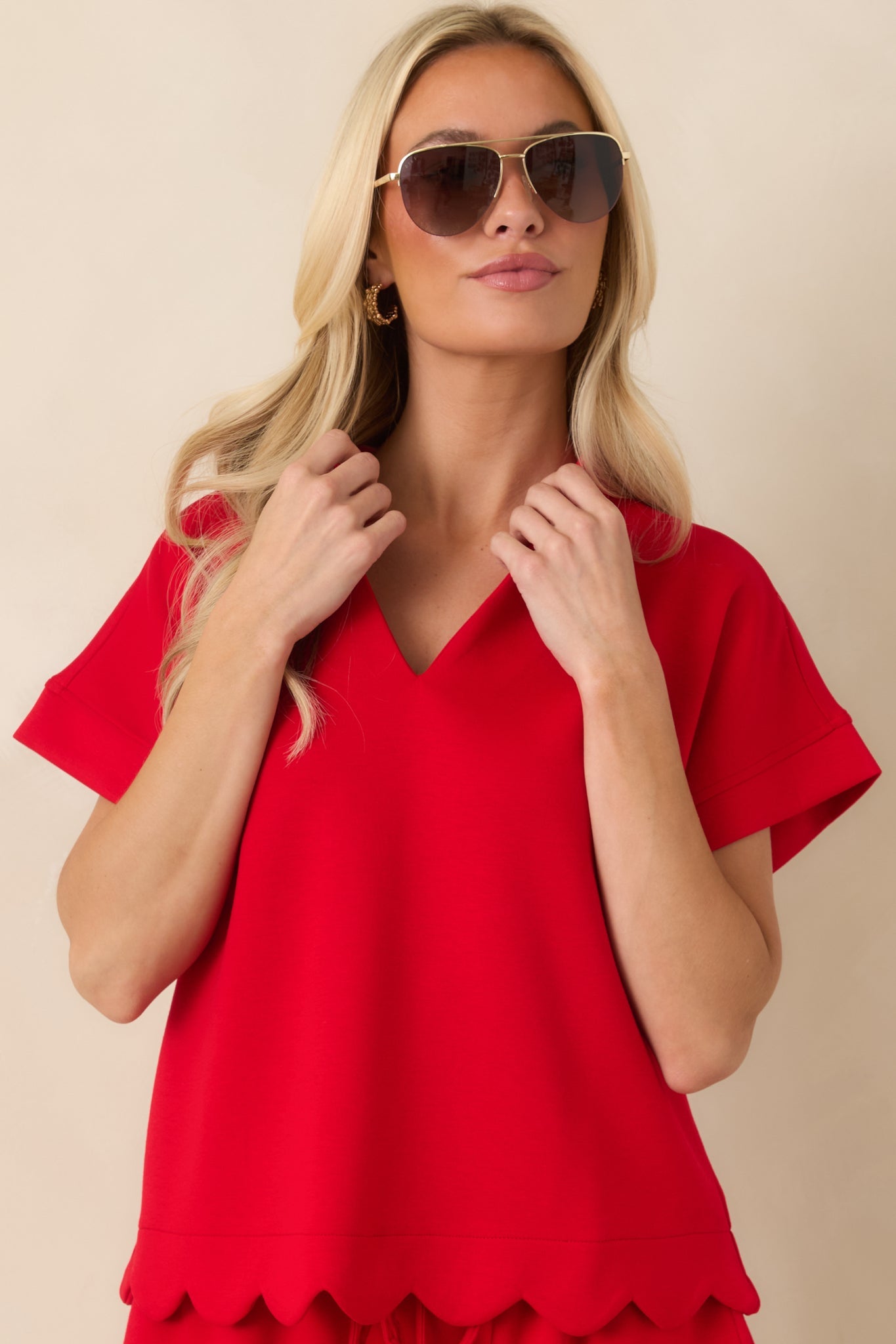 First Class Flirt Red Scalloped Hem Top