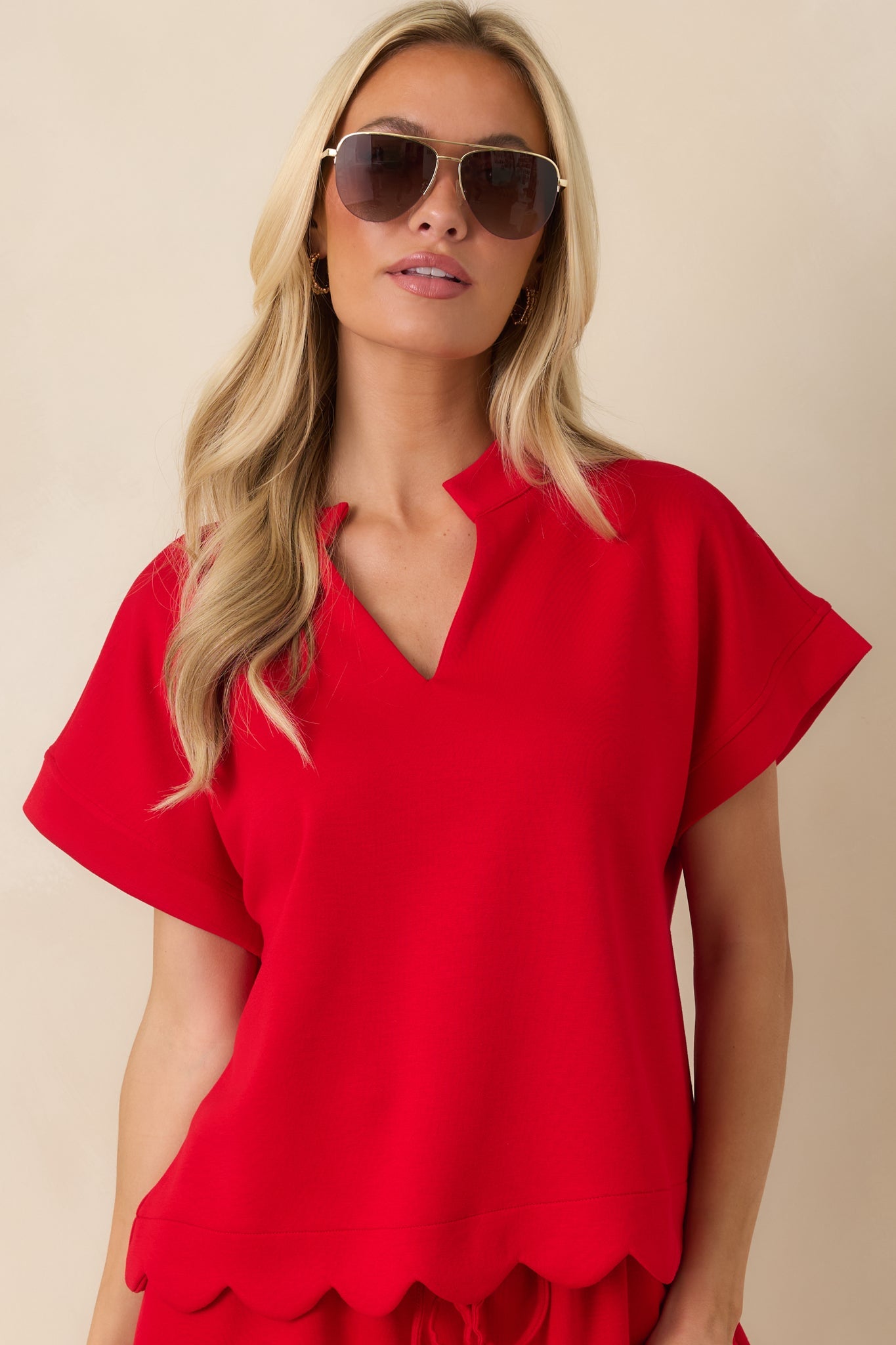 First Class Flirt Red Scalloped Hem Top