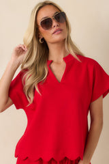 First Class Flirt Red Scalloped Hem Top