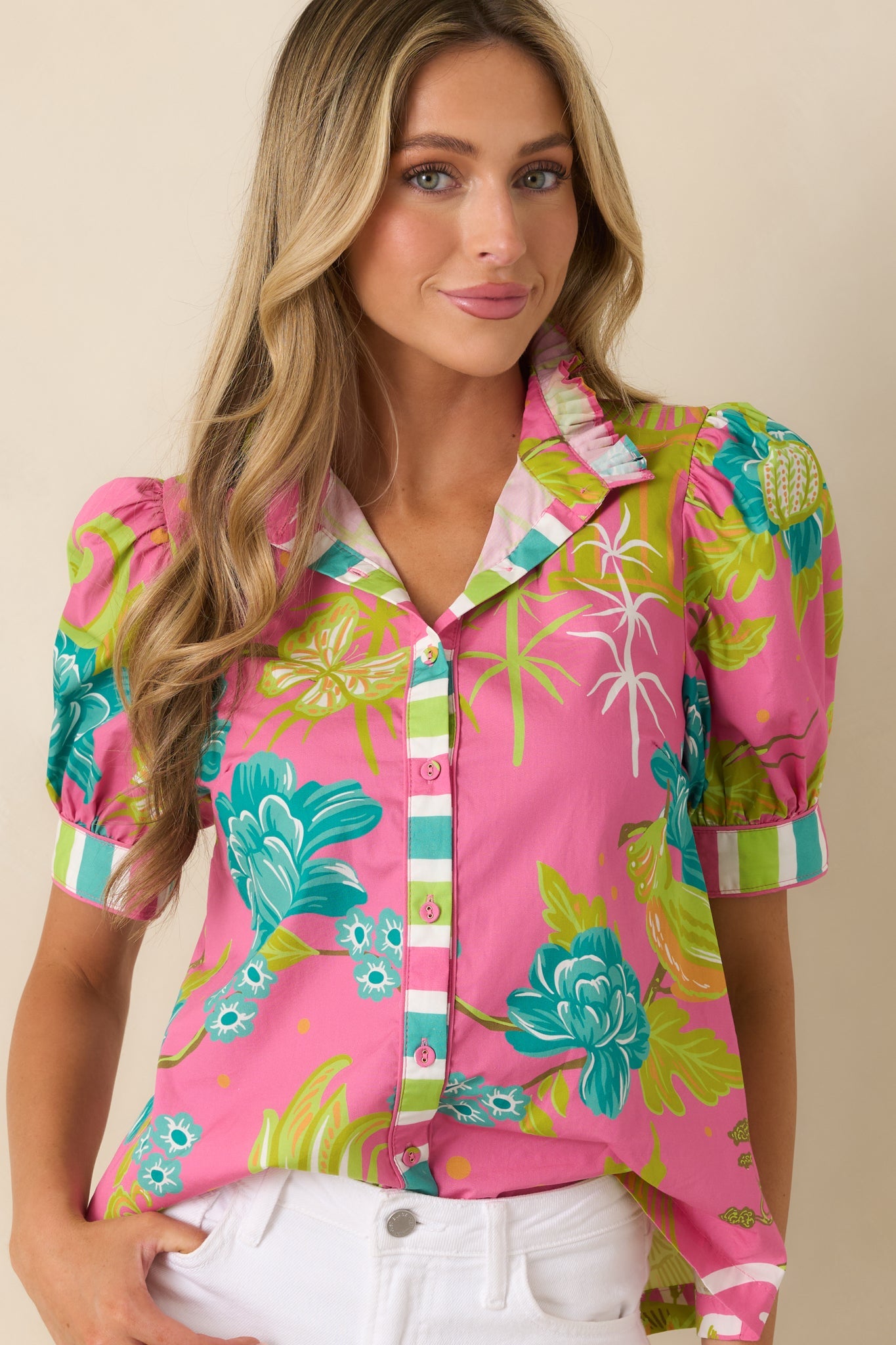 Prosperina Collier Pink Multi Chinoiserie Cotton Button-Front Top