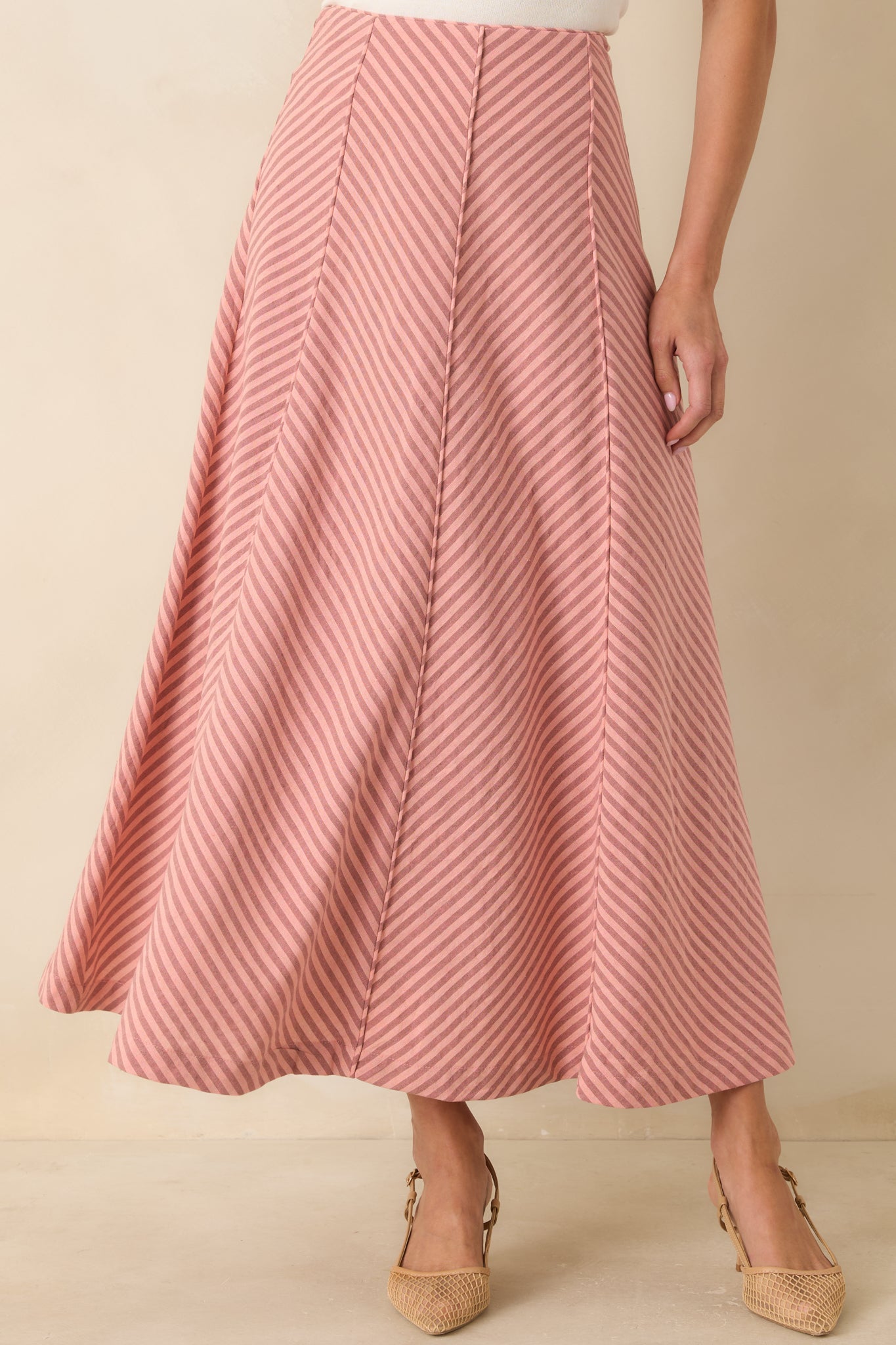 MINKPINK Paloma Coral Pink Stripe Midi Skirt
