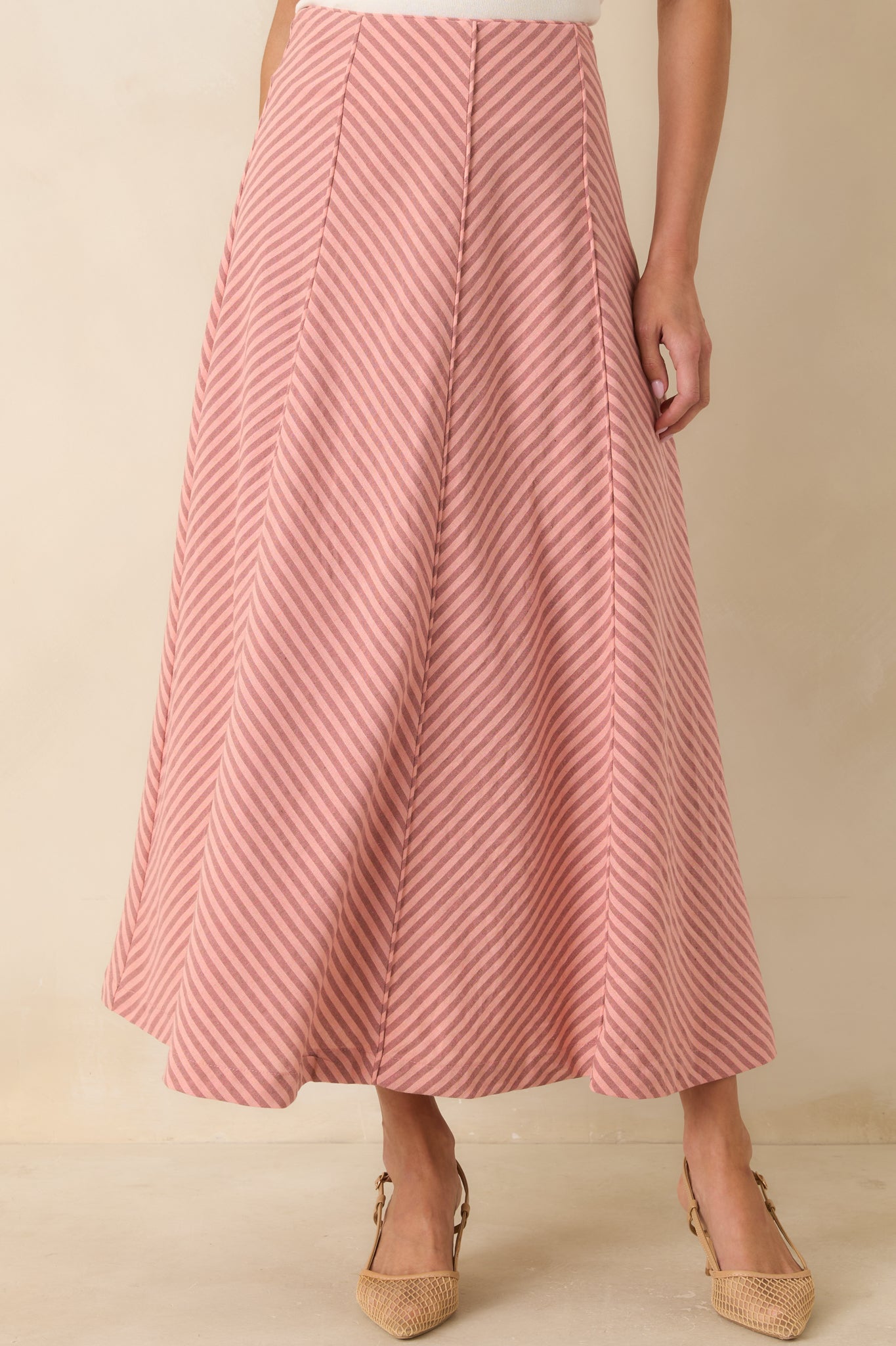 MINKPINK Paloma Coral Pink Stripe Midi Skirt