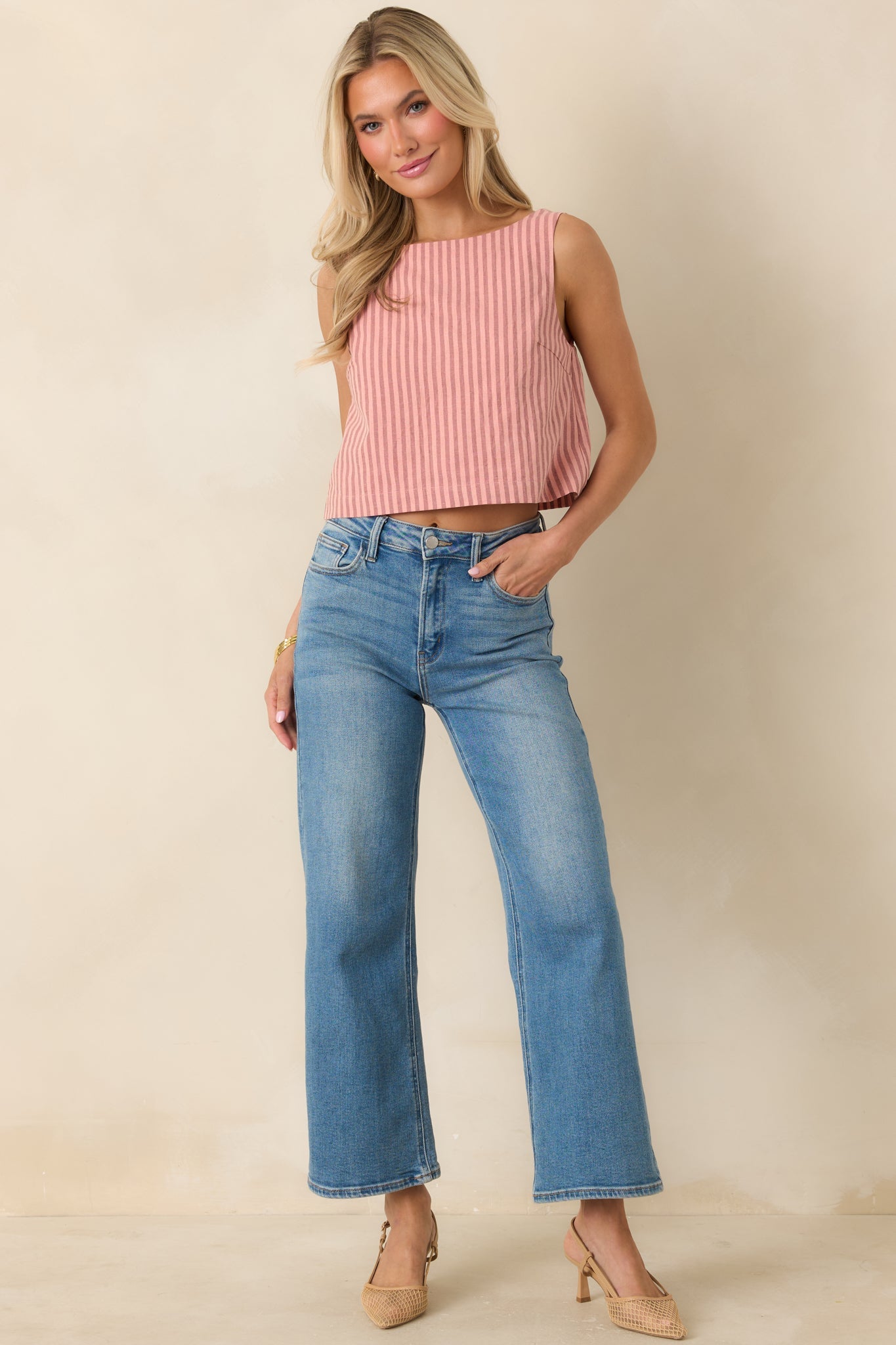 MINKPINK Paloma Coral Pink Stripe Cotton Linen Low-Back Top